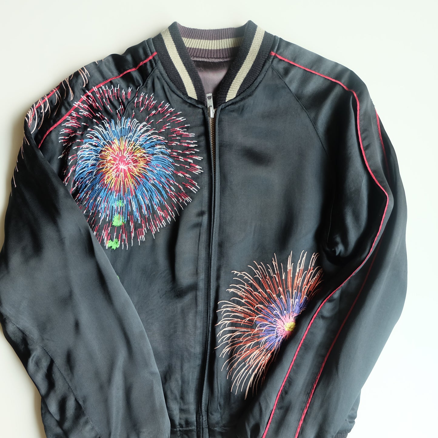Vintage Japanese Reversible Sukajan Jacket Hanabi Fireworks Maiko Geisha Embroidered Souvenir Bomber M-L
