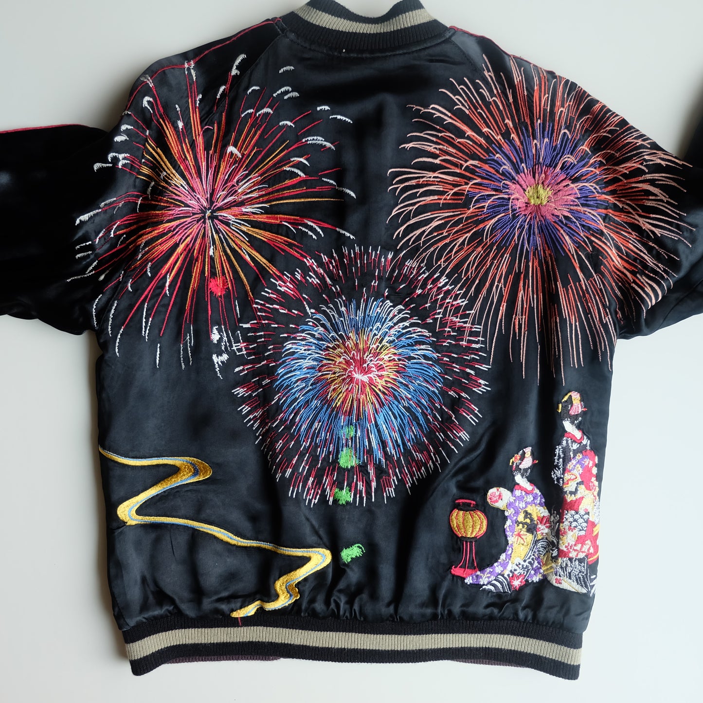 Vintage Japanese Reversible Sukajan Jacket Hanabi Fireworks Maiko Geisha Embroidered Souvenir Bomber M-L