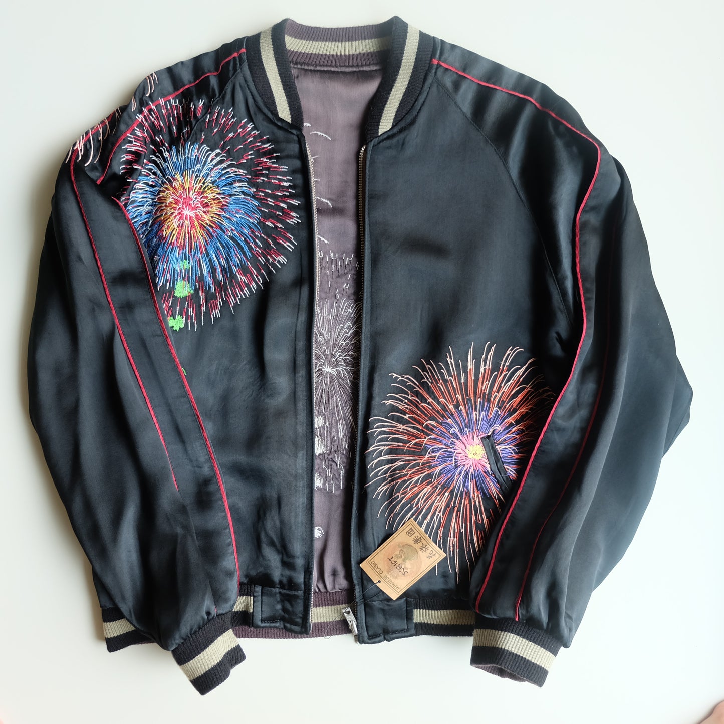 Vintage Japanese Reversible Sukajan Jacket Hanabi Fireworks Maiko Geisha Embroidered Souvenir Bomber M-L