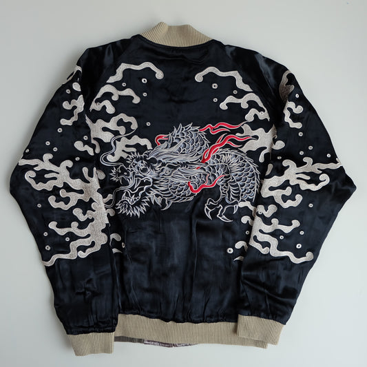 Vintage Japanese Reversible Sukajan Jacket Size S Black Dragon Cloud Koi Sakura Pine Embroidered Satin Souvenir Bomber