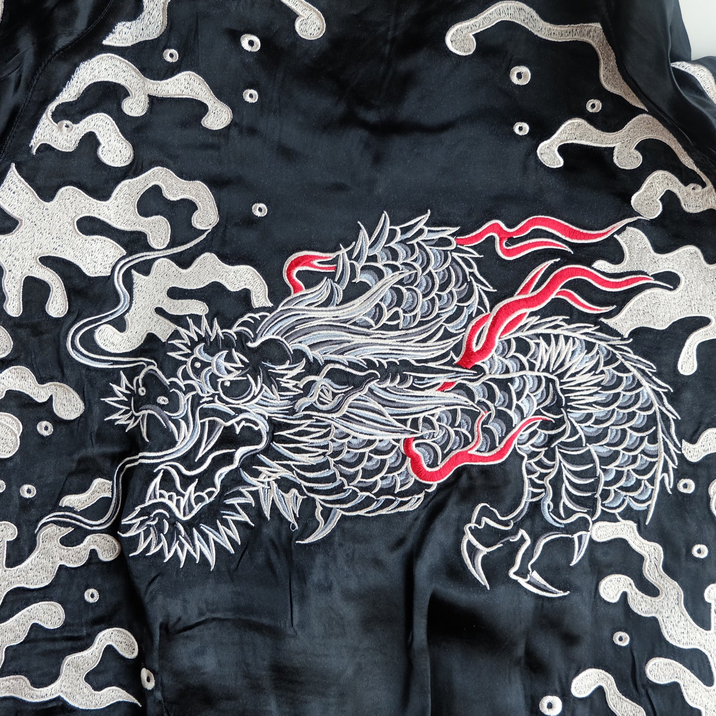 Vintage Japanese Reversible Sukajan Jacket Size S Black Dragon Cloud Koi Sakura Pine Embroidered Satin Souvenir Bomber