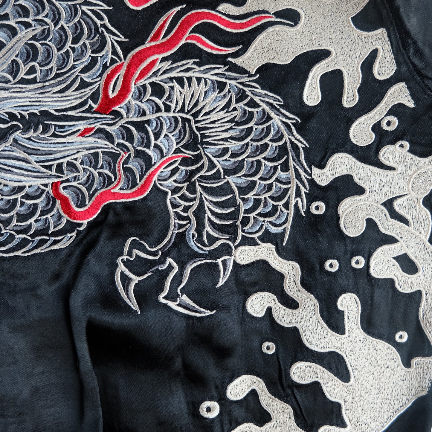 Vintage Japanese Reversible Sukajan Jacket Size S Black Dragon Cloud Koi Sakura Pine Embroidered Satin Souvenir Bomber