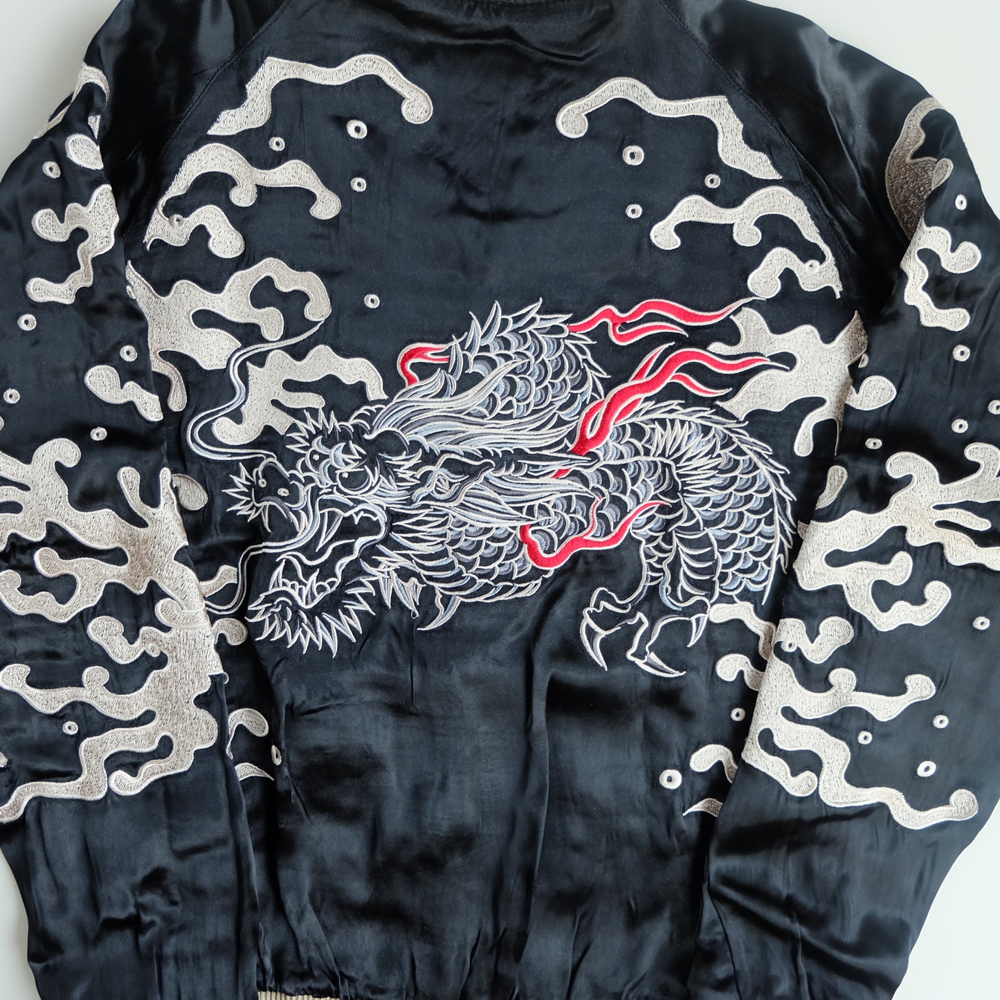 Vintage Japanese Reversible Sukajan Jacket Size S Black Dragon Cloud Koi Sakura Pine Embroidered Satin Souvenir Bomber