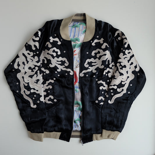 Vintage Japanese Reversible Sukajan Jacket Size S Black Dragon Cloud Koi Sakura Pine Embroidered Satin Souvenir Bomber