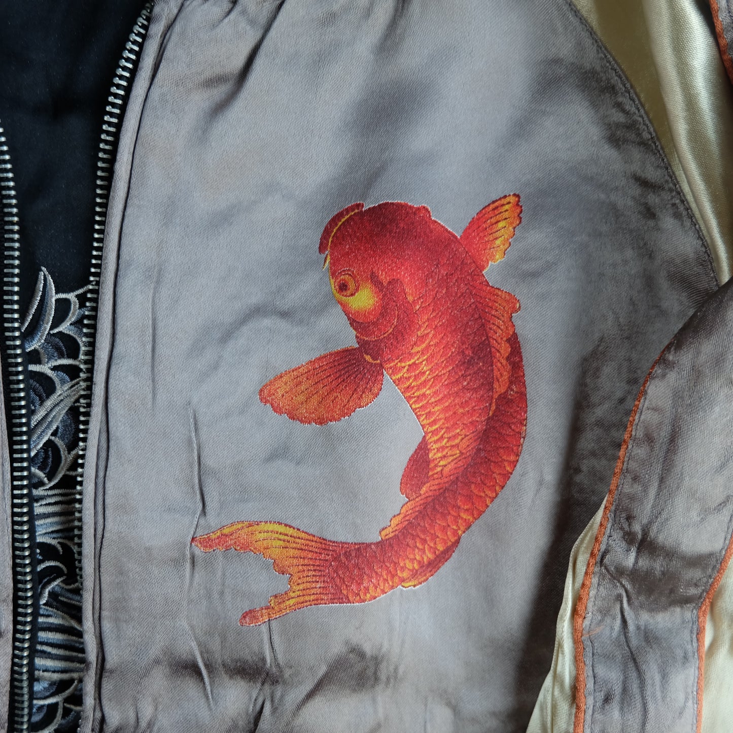 Vintage Japanese Reversible Sukajan Jacket Size S Black Dragon Cloud Koi Sakura Pine Embroidered Satin Souvenir Bomber