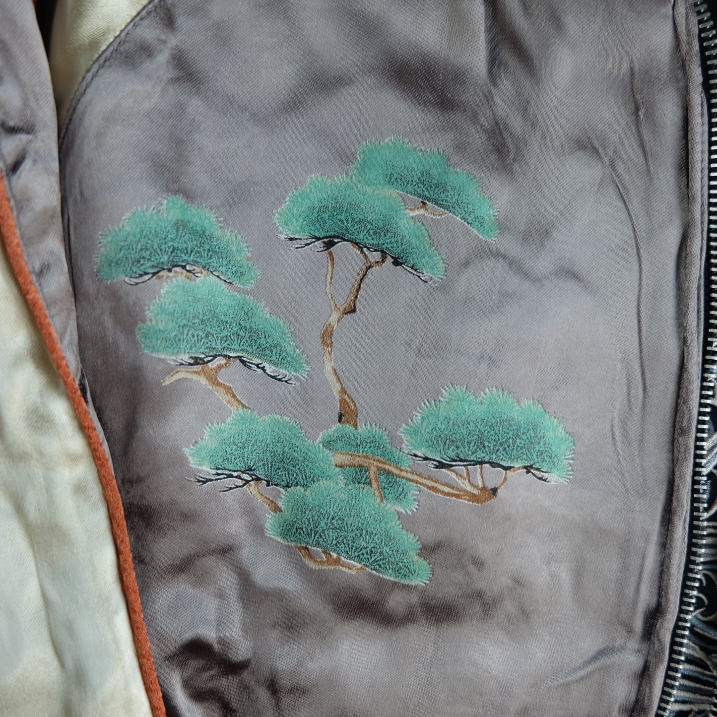 Vintage Japanese Reversible Sukajan Jacket Size S Black Dragon Cloud Koi Sakura Pine Embroidered Satin Souvenir Bomber