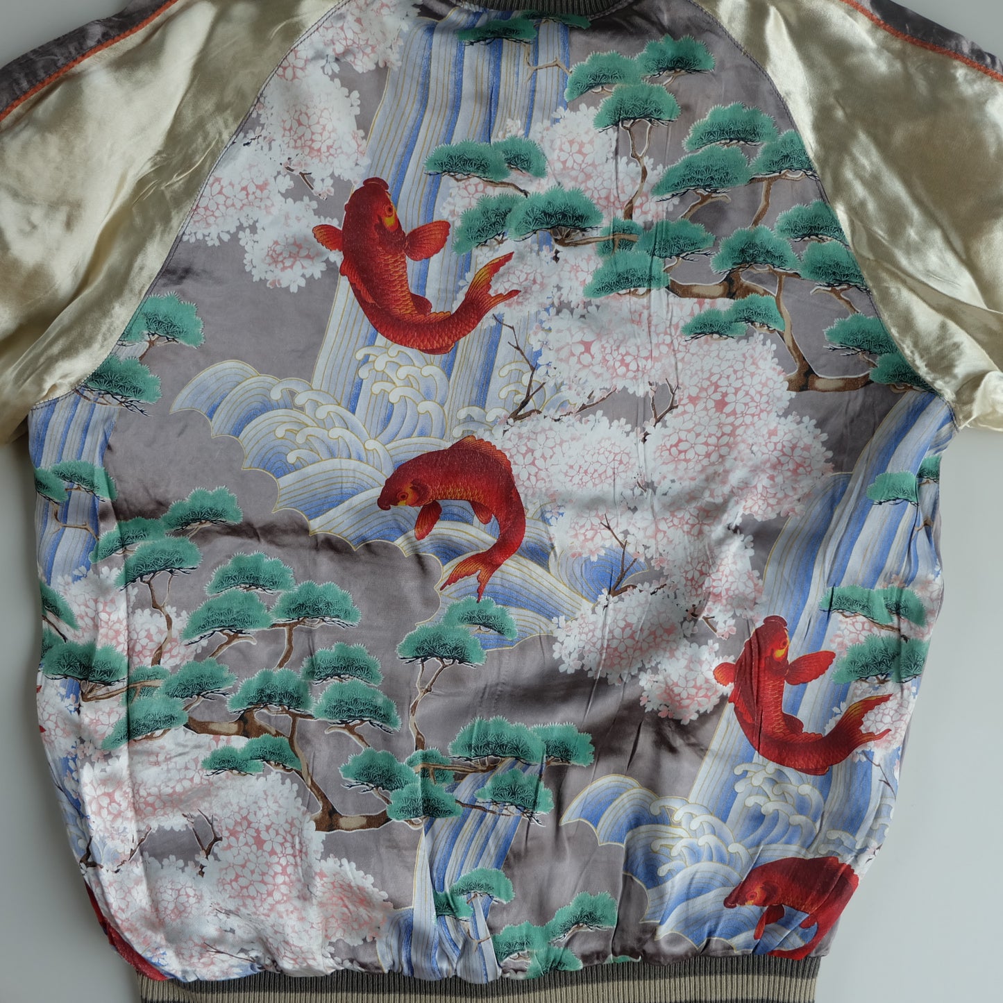 Vintage Japanese Reversible Sukajan Jacket Size S Black Dragon Cloud Koi Sakura Pine Embroidered Satin Souvenir Bomber
