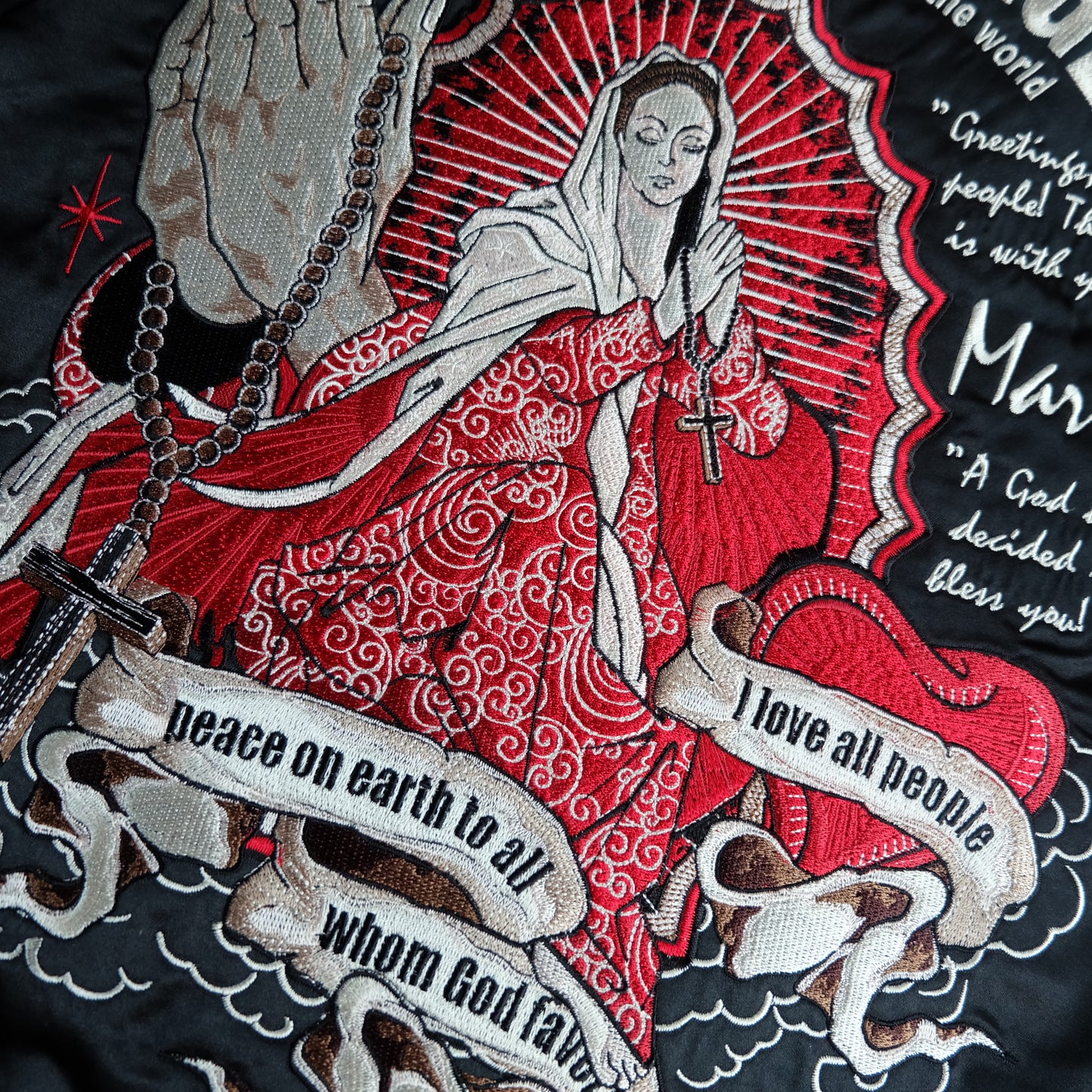 TEDMAN Vintage Japanese Street Wear Fashion Sukajan Bomber Yakuza Gangsta Y2K Souvenir Tour Jacket - Blood Message Maria Skull Skeleton Punk