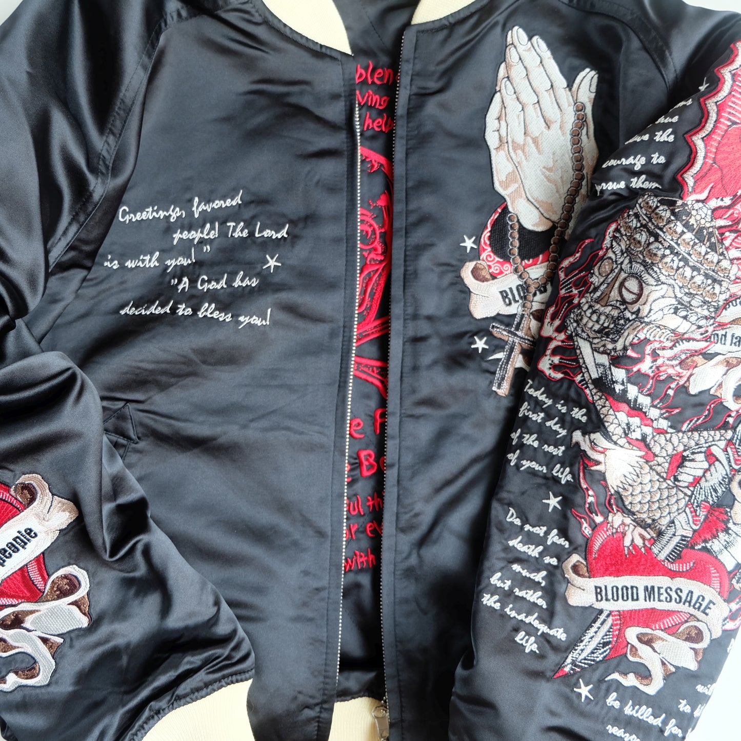 TEDMAN Vintage Japanese Street Wear Fashion Sukajan Bomber Yakuza Gangsta Y2K Souvenir Tour Jacket - Blood Message Maria Skull Skeleton Punk