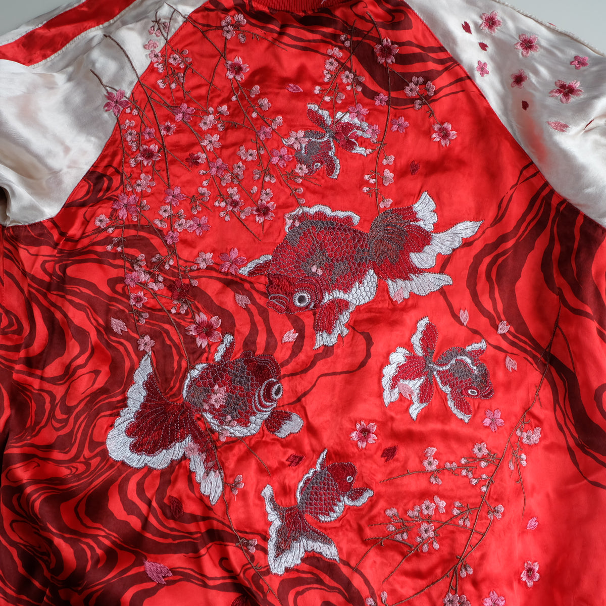 Miyabi Musubi Vintage Japanese Reversible Sukajan Jacket | Red Satin Dragon, Koi & Skull Embroidery | Punk Rock n Roll Souvenir Bomber Collectible L
