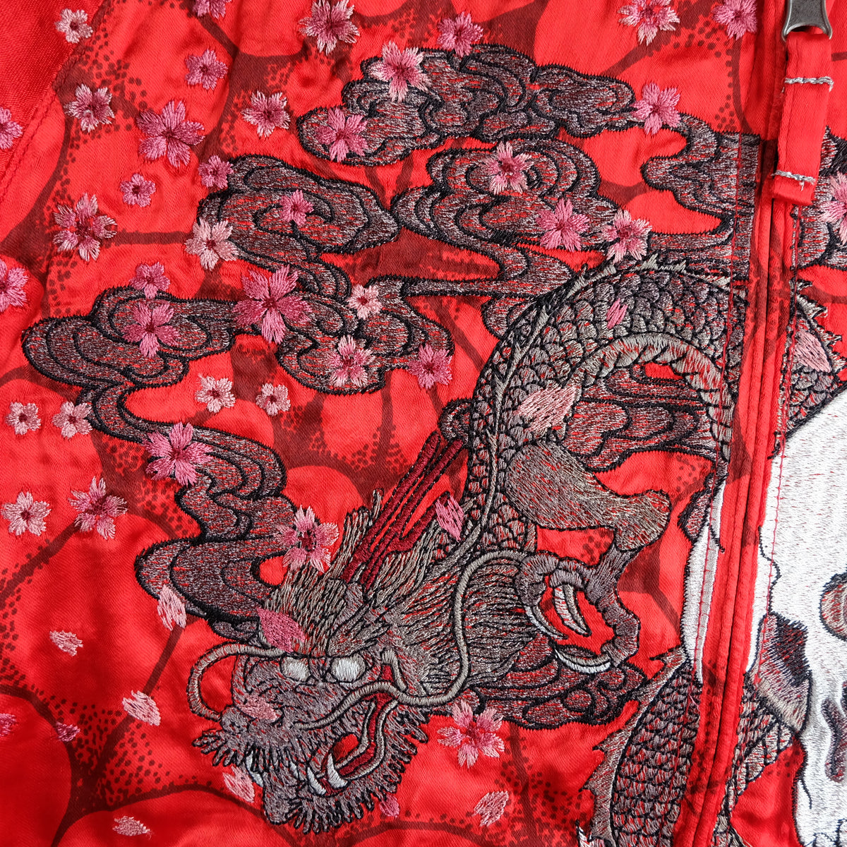 Miyabi Musubi Vintage Japanese Reversible Sukajan Jacket | Red Satin Dragon, Koi & Skull Embroidery | Punk Rock n Roll Souvenir Bomber Collectible L