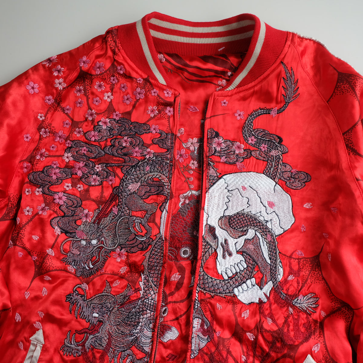 Miyabi Musubi Vintage Japanese Reversible Sukajan Jacket | Red Satin Dragon, Koi & Skull Embroidery | Punk Rock n Roll Souvenir Bomber Collectible L