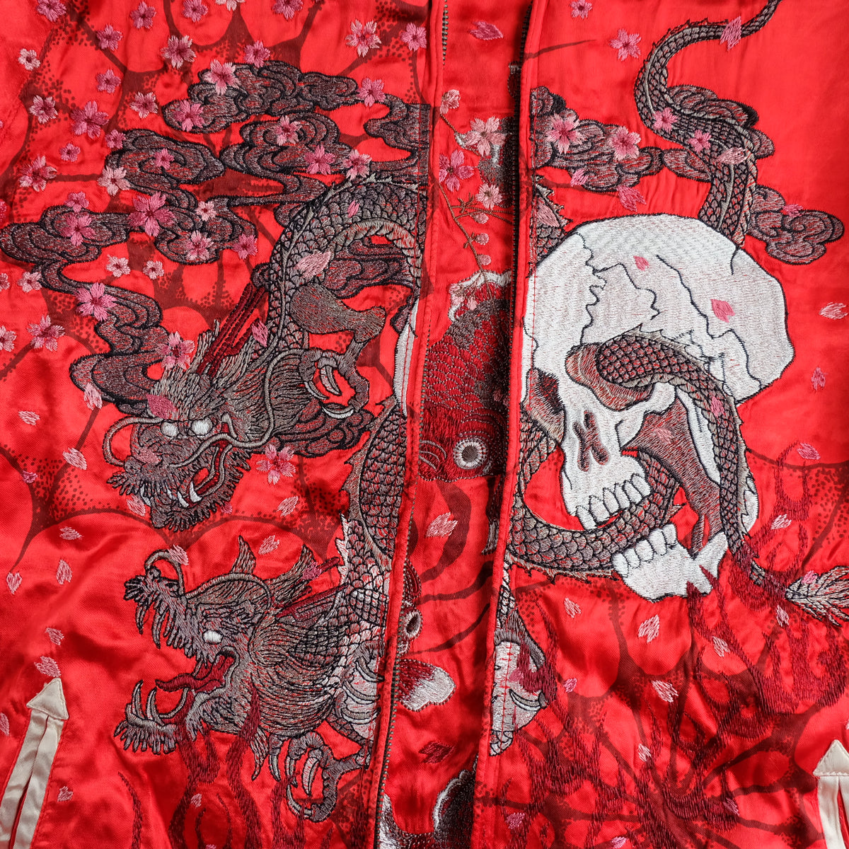 Miyabi Musubi Vintage Japanese Reversible Sukajan Jacket | Red Satin Dragon, Koi & Skull Embroidery | Punk Rock n Roll Souvenir Bomber Collectible L
