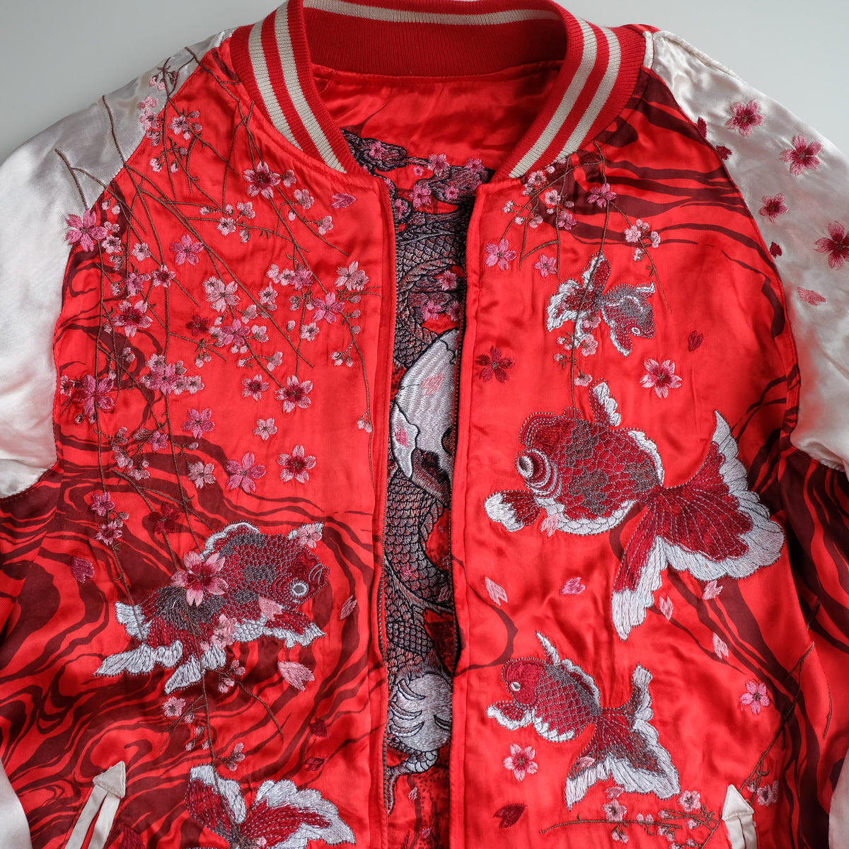 Miyabi Musubi Vintage Japanese Reversible Sukajan Jacket | Red Satin Dragon, Koi & Skull Embroidery | Punk Rock n Roll Souvenir Bomber Collectible L