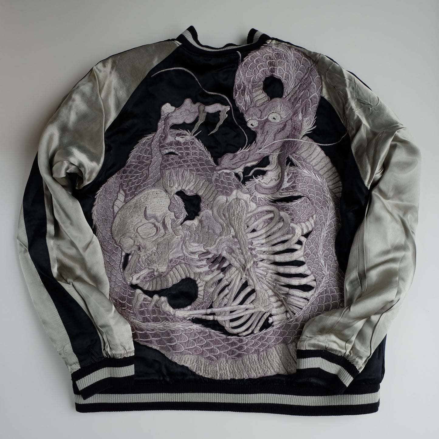 Vintage Japanese Reversible Sukajan Jacket Emerald Green Black Dragon Skeleton Dokuro Embroidered Satin Souvenir Bomber