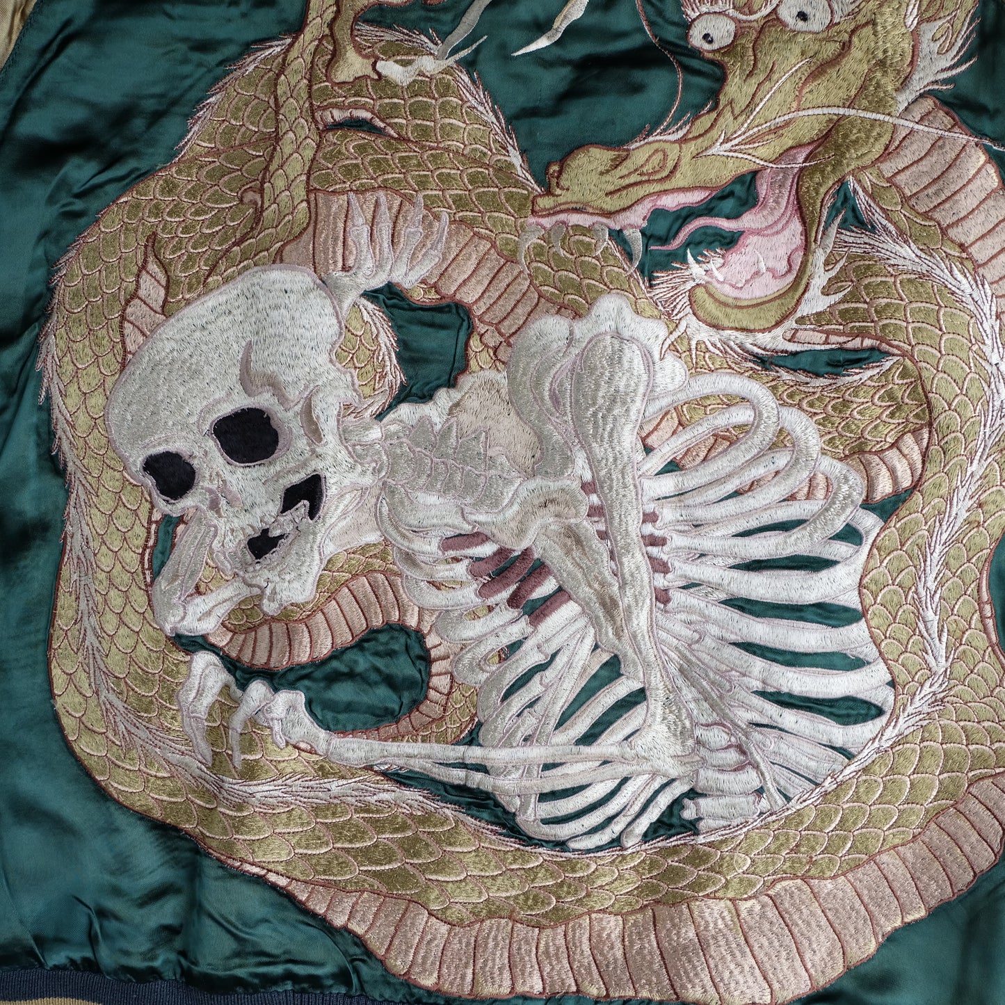 Vintage Japanese Reversible Sukajan Jacket Emerald Green Black Dragon Skeleton Dokuro Embroidered Satin Souvenir Bomber