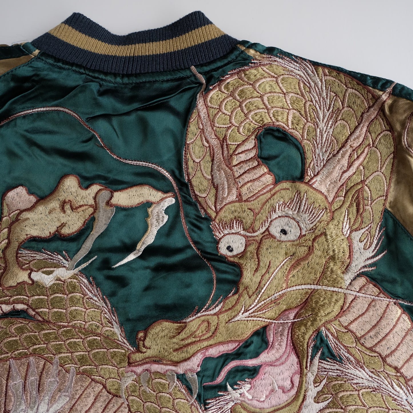 Vintage Japanese Reversible Sukajan Jacket Emerald Green Black Dragon Skeleton Dokuro Embroidered Satin Souvenir Bomber