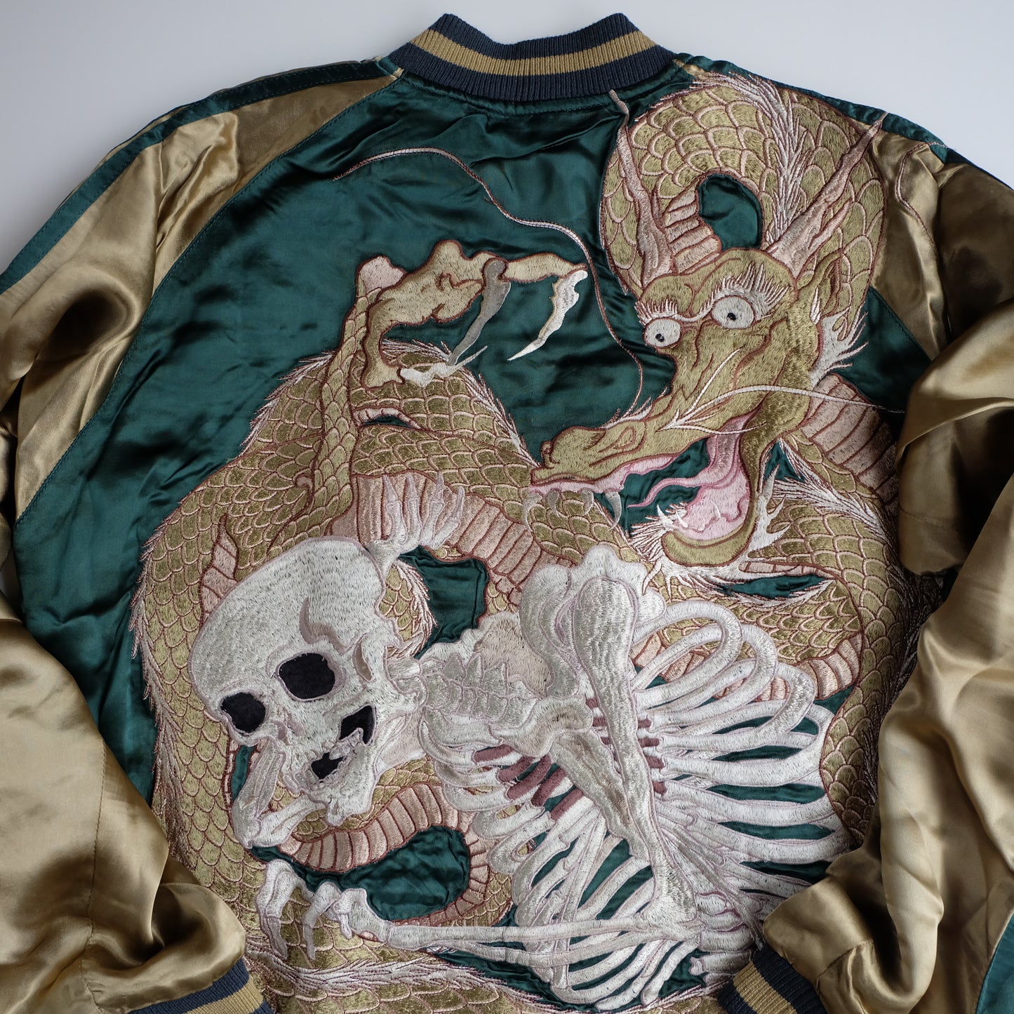 Vintage Japanese Reversible Sukajan Jacket Emerald Green Black Dragon Skeleton Dokuro Embroidered Satin Souvenir Bomber