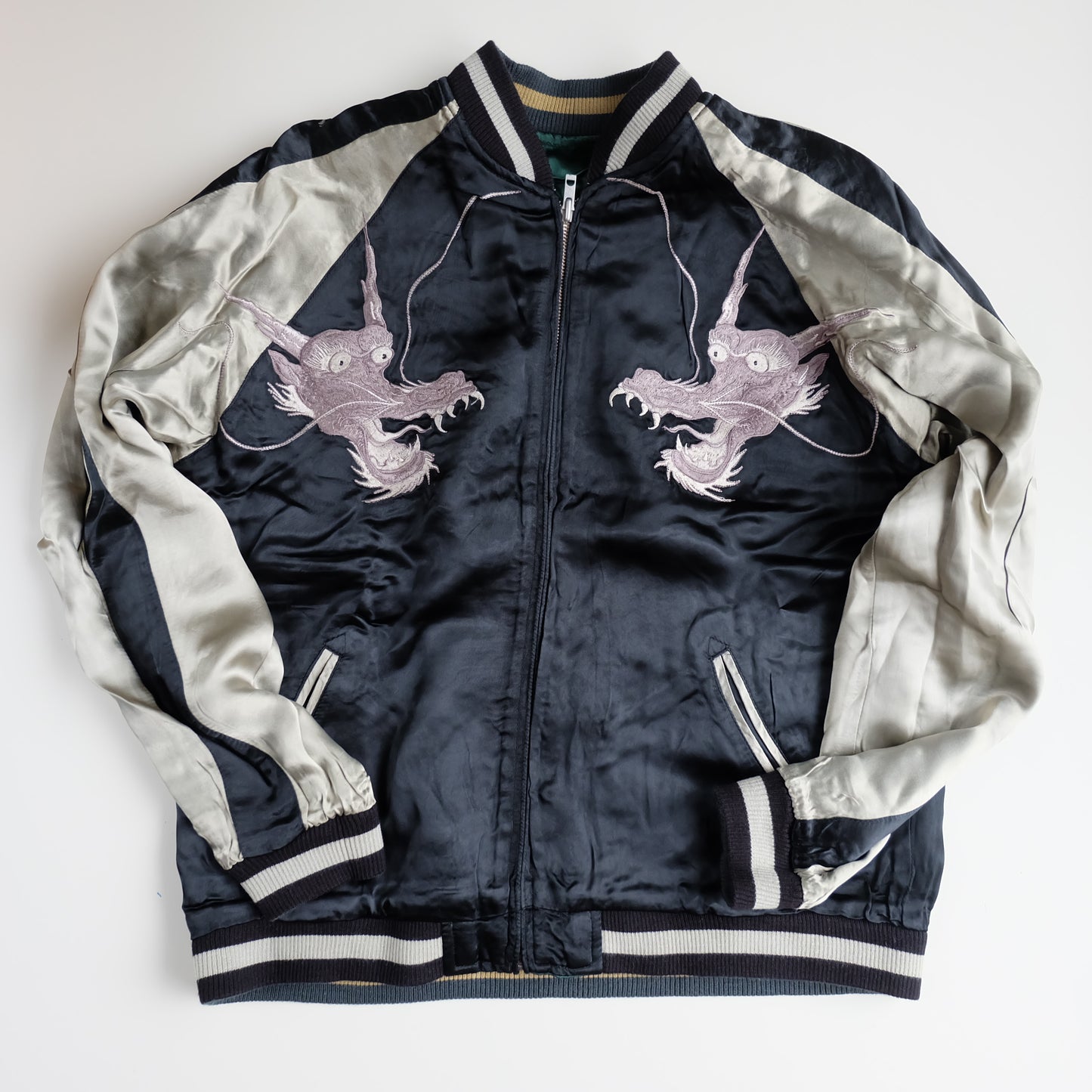 Vintage Japanese Reversible Sukajan Jacket Emerald Green Black Dragon Skeleton Dokuro Embroidered Satin Souvenir Bomber