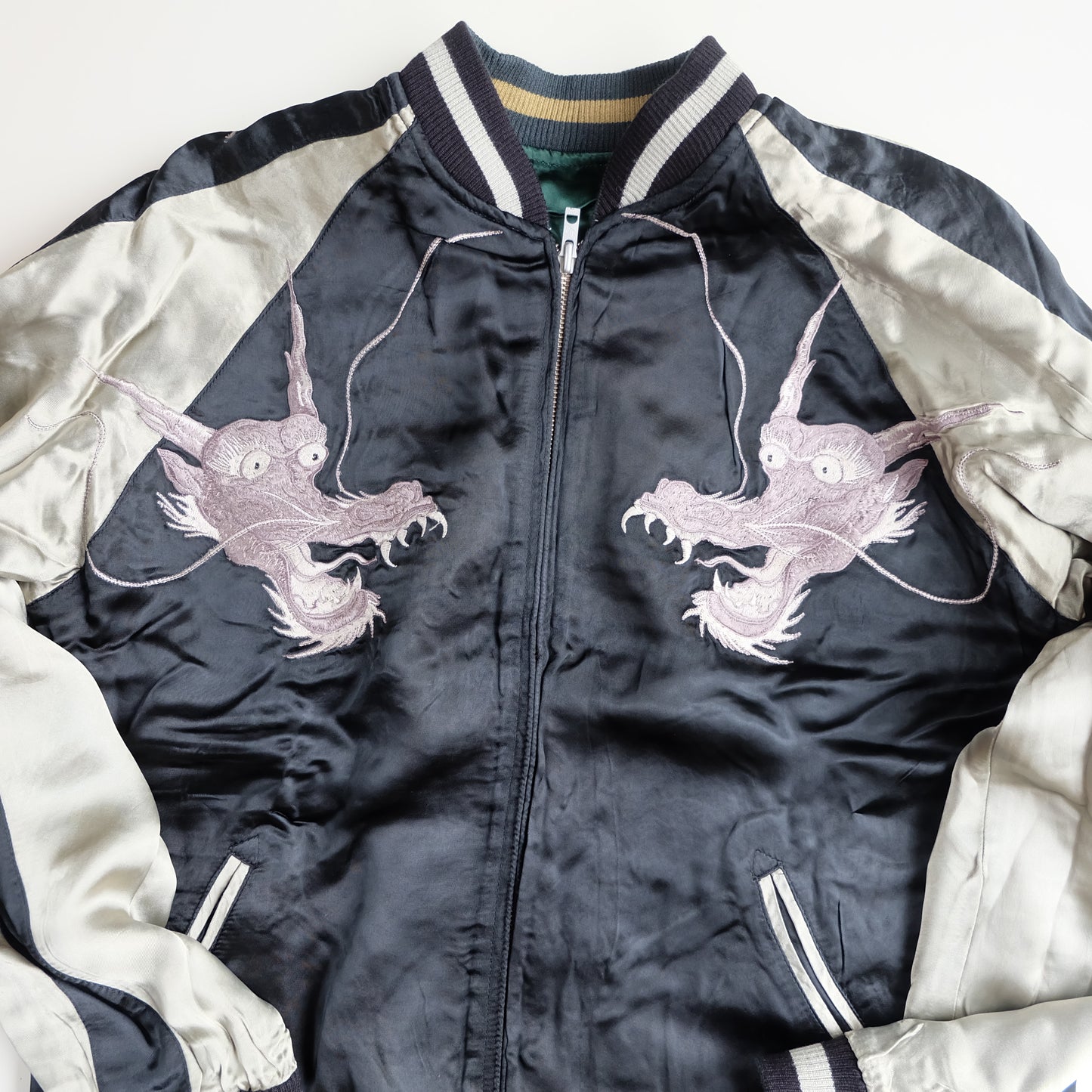 Vintage Japanese Reversible Sukajan Jacket Emerald Green Black Dragon Skeleton Dokuro Embroidered Satin Souvenir Bomber