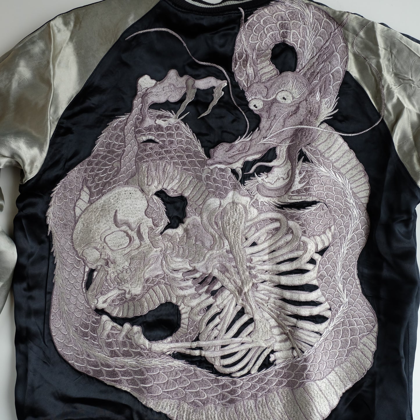 Vintage Japanese Reversible Sukajan Jacket Emerald Green Black Dragon Skeleton Dokuro Embroidered Satin Souvenir Bomber