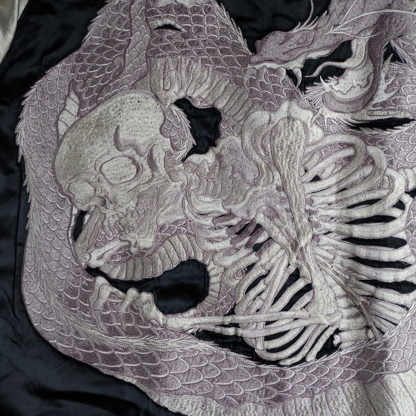 Vintage Japanese Reversible Sukajan Jacket Emerald Green Black Dragon Skeleton Dokuro Embroidered Satin Souvenir Bomber