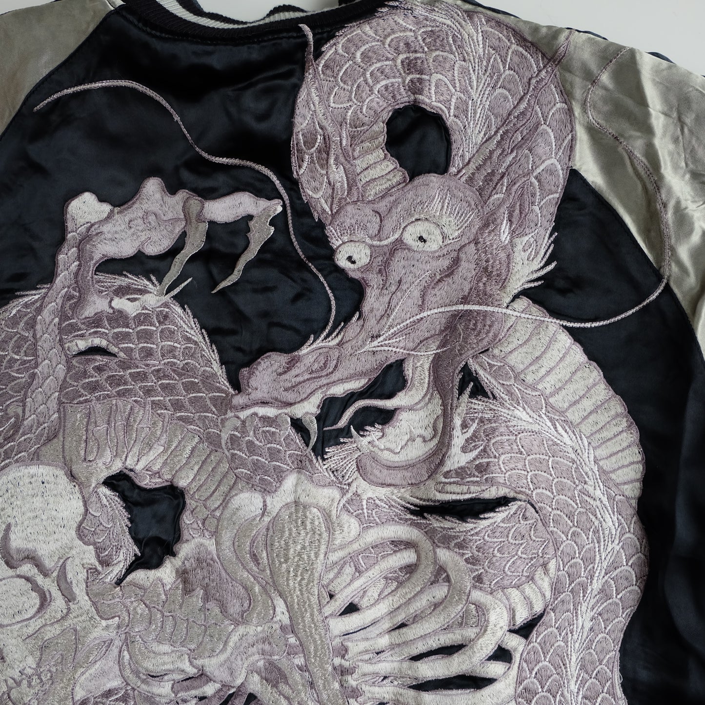 Vintage Japanese Reversible Sukajan Jacket Emerald Green Black Dragon Skeleton Dokuro Embroidered Satin Souvenir Bomber
