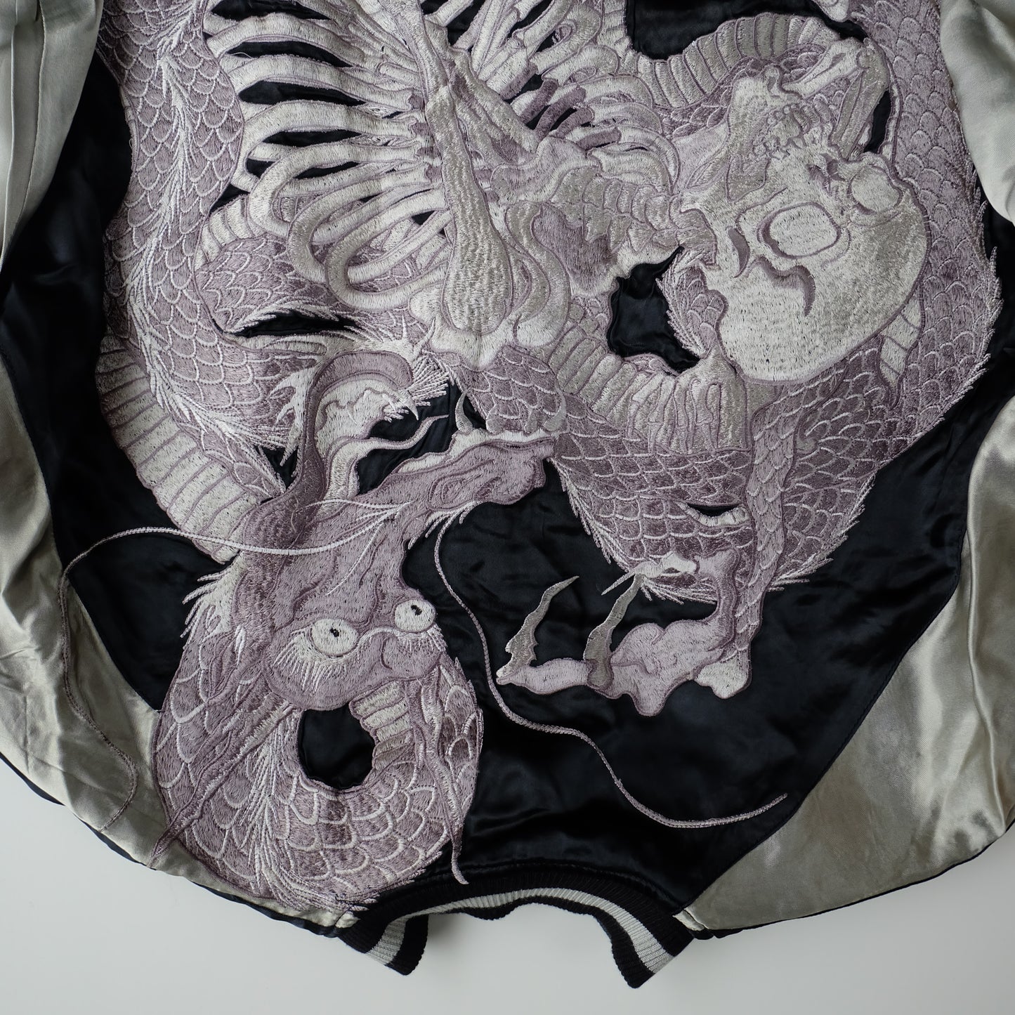 Vintage Japanese Reversible Sukajan Jacket Emerald Green Black Dragon Skeleton Dokuro Embroidered Satin Souvenir Bomber
