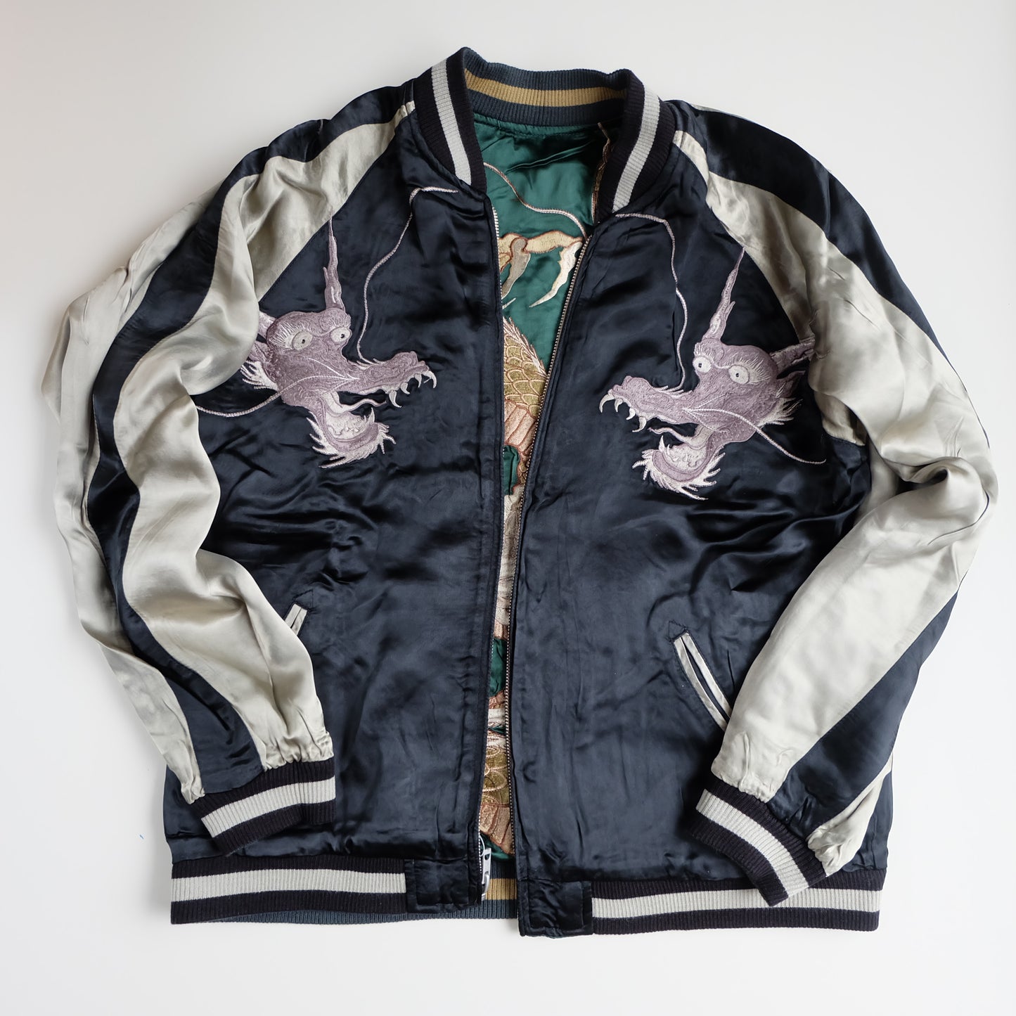 Vintage Japanese Reversible Sukajan Jacket Emerald Green Black Dragon Skeleton Dokuro Embroidered Satin Souvenir Bomber