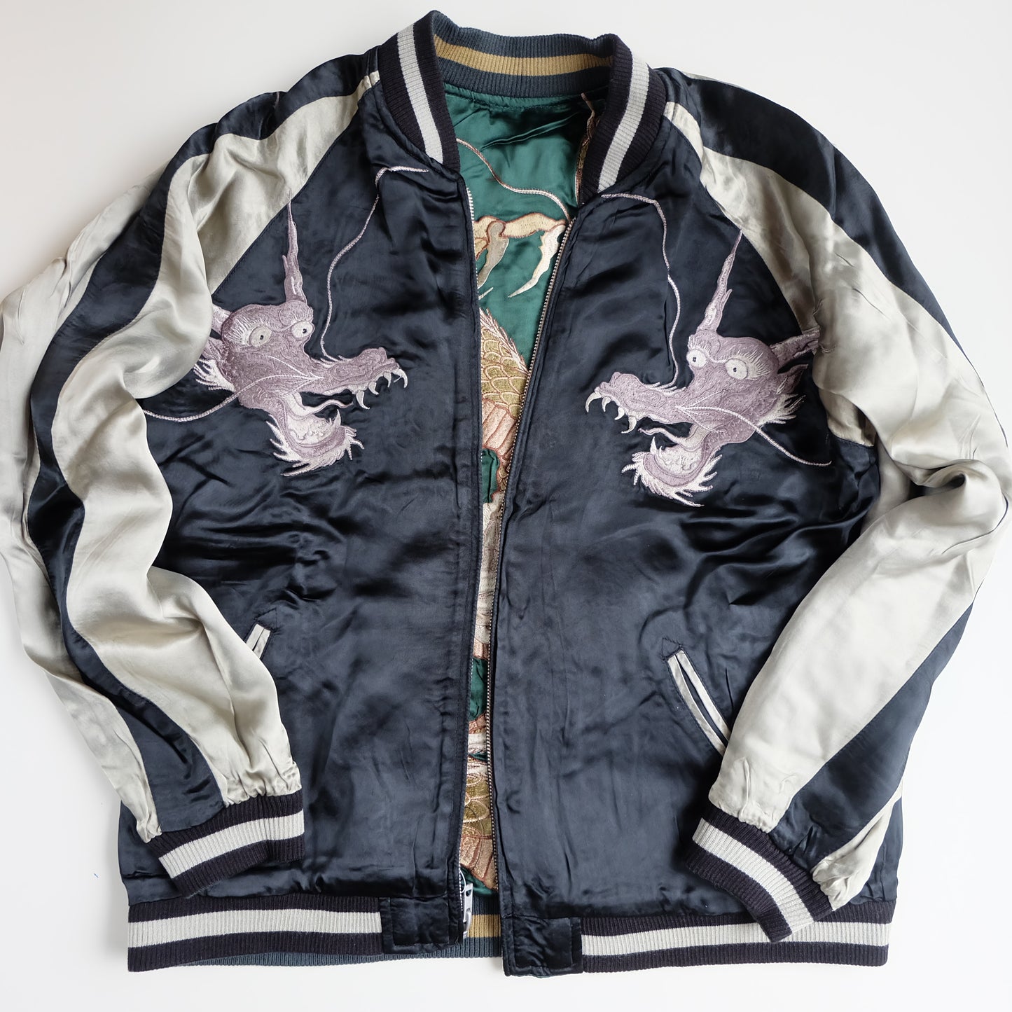 Vintage Japanese Reversible Sukajan Jacket Emerald Green Black Dragon Skeleton Dokuro Embroidered Satin Souvenir Bomber
