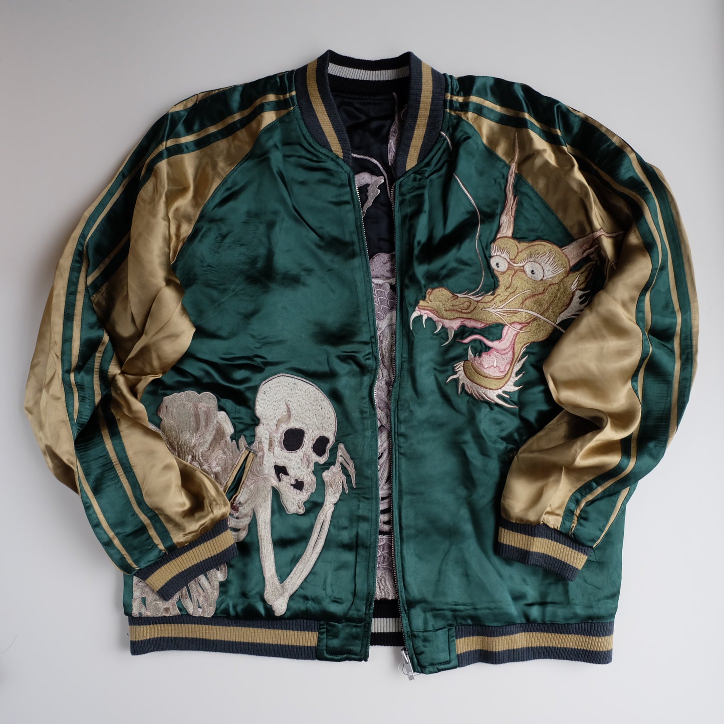 Vintage Japanese Reversible Sukajan Jacket Emerald Green Black Dragon Skeleton Dokuro Embroidered Satin Souvenir Bomber