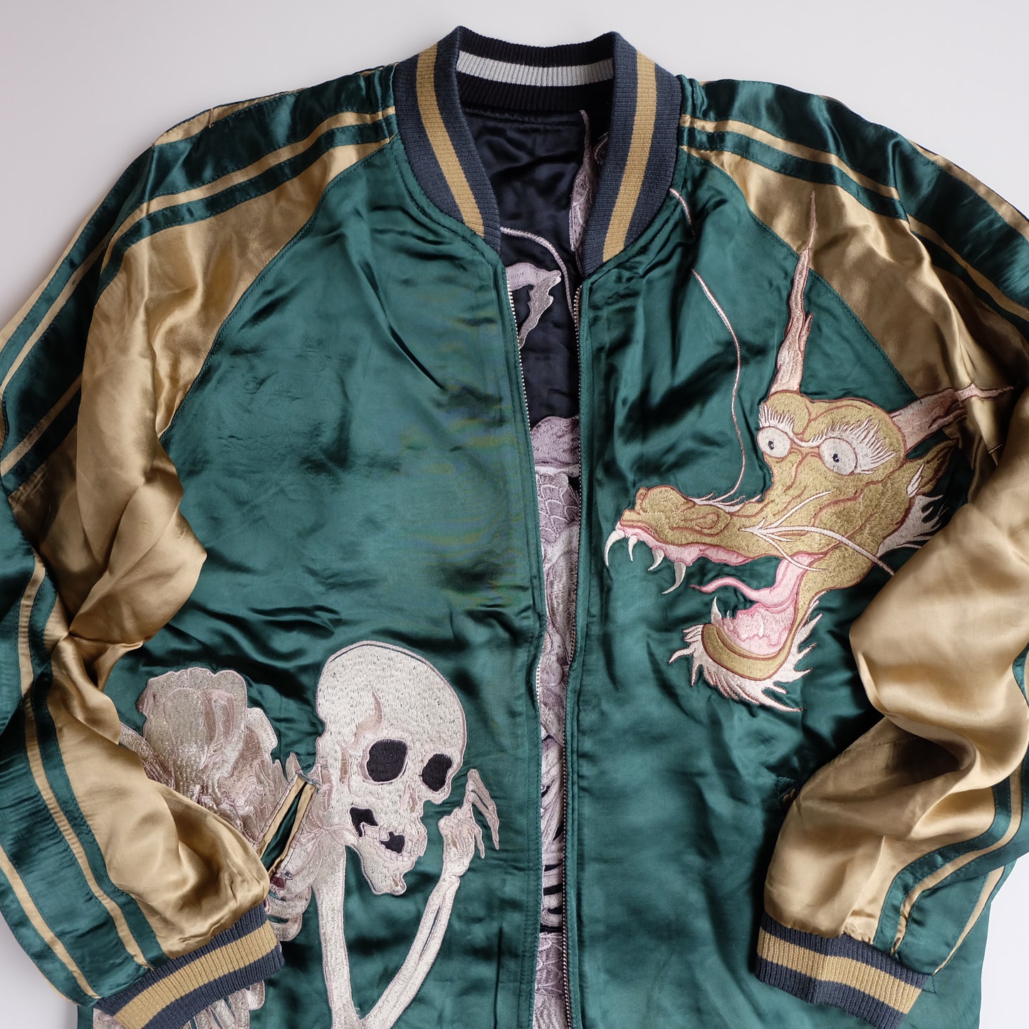 Vintage Japanese Reversible Sukajan Jacket Emerald Green Black Dragon Skeleton Dokuro Embroidered Satin Souvenir Bomber