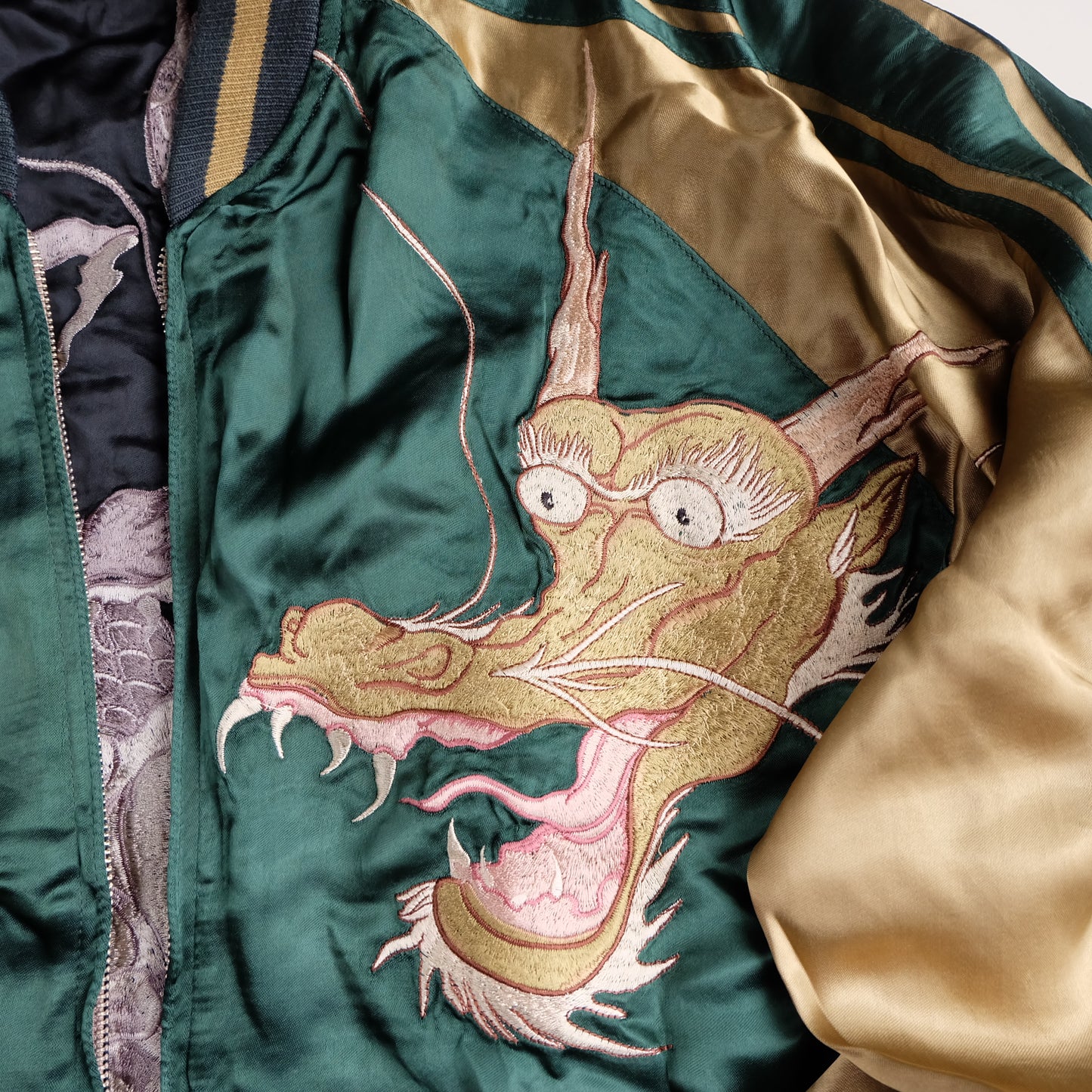Vintage Japanese Reversible Sukajan Jacket Emerald Green Black Dragon Skeleton Dokuro Embroidered Satin Souvenir Bomber