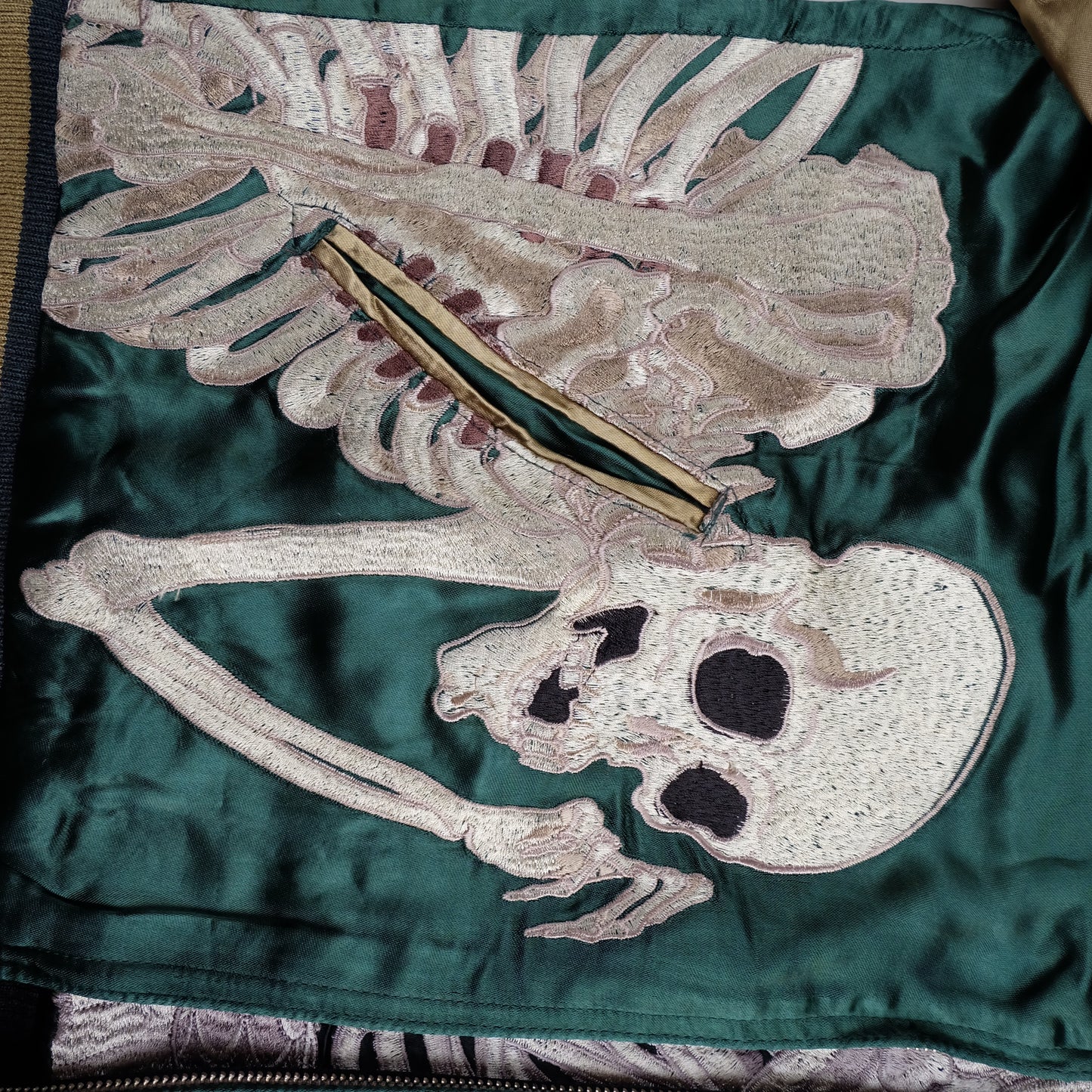 Vintage Japanese Reversible Sukajan Jacket Emerald Green Black Dragon Skeleton Dokuro Embroidered Satin Souvenir Bomber