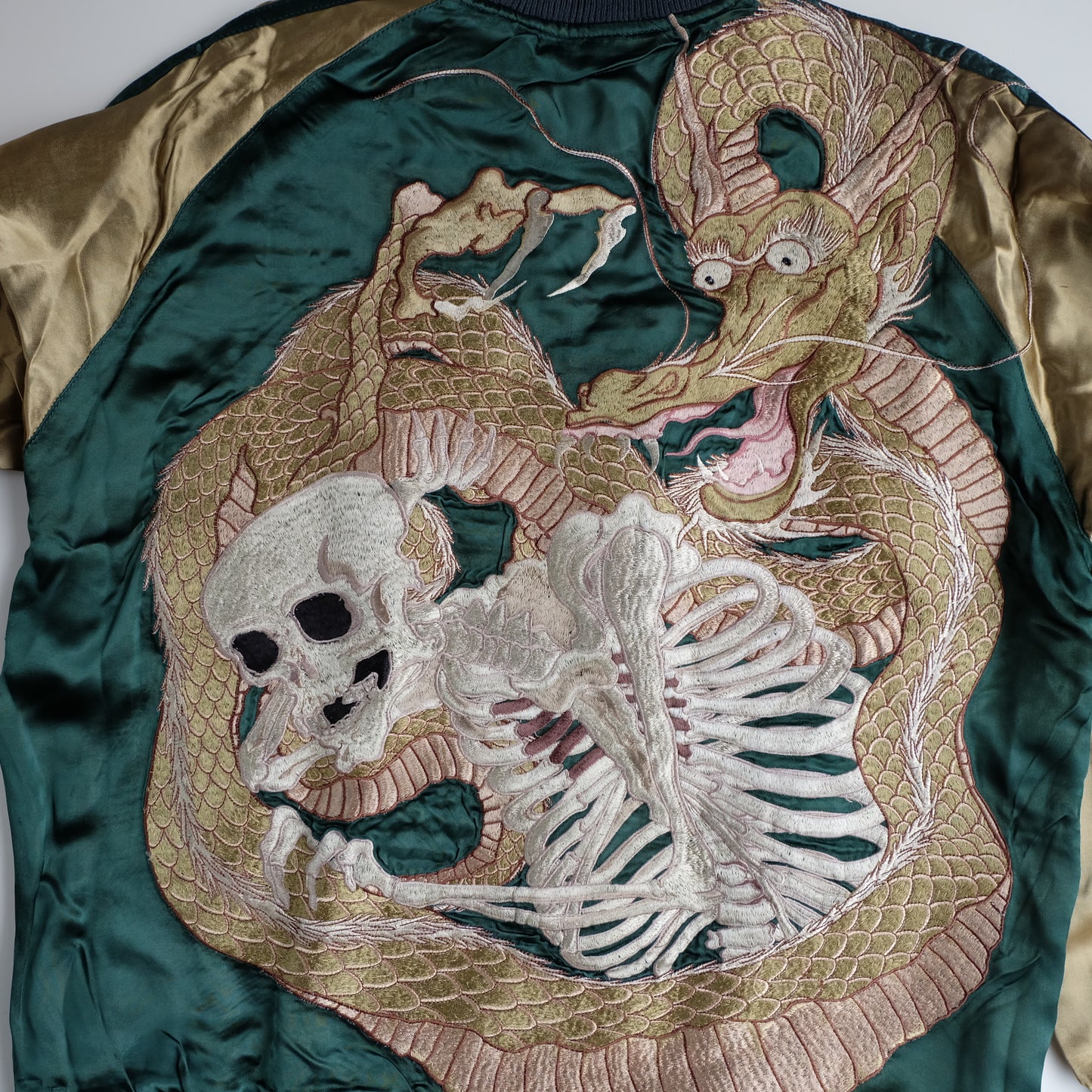 Vintage Japanese Reversible Sukajan Jacket Emerald Green Black Dragon Skeleton Dokuro Embroidered Satin Souvenir Bomber