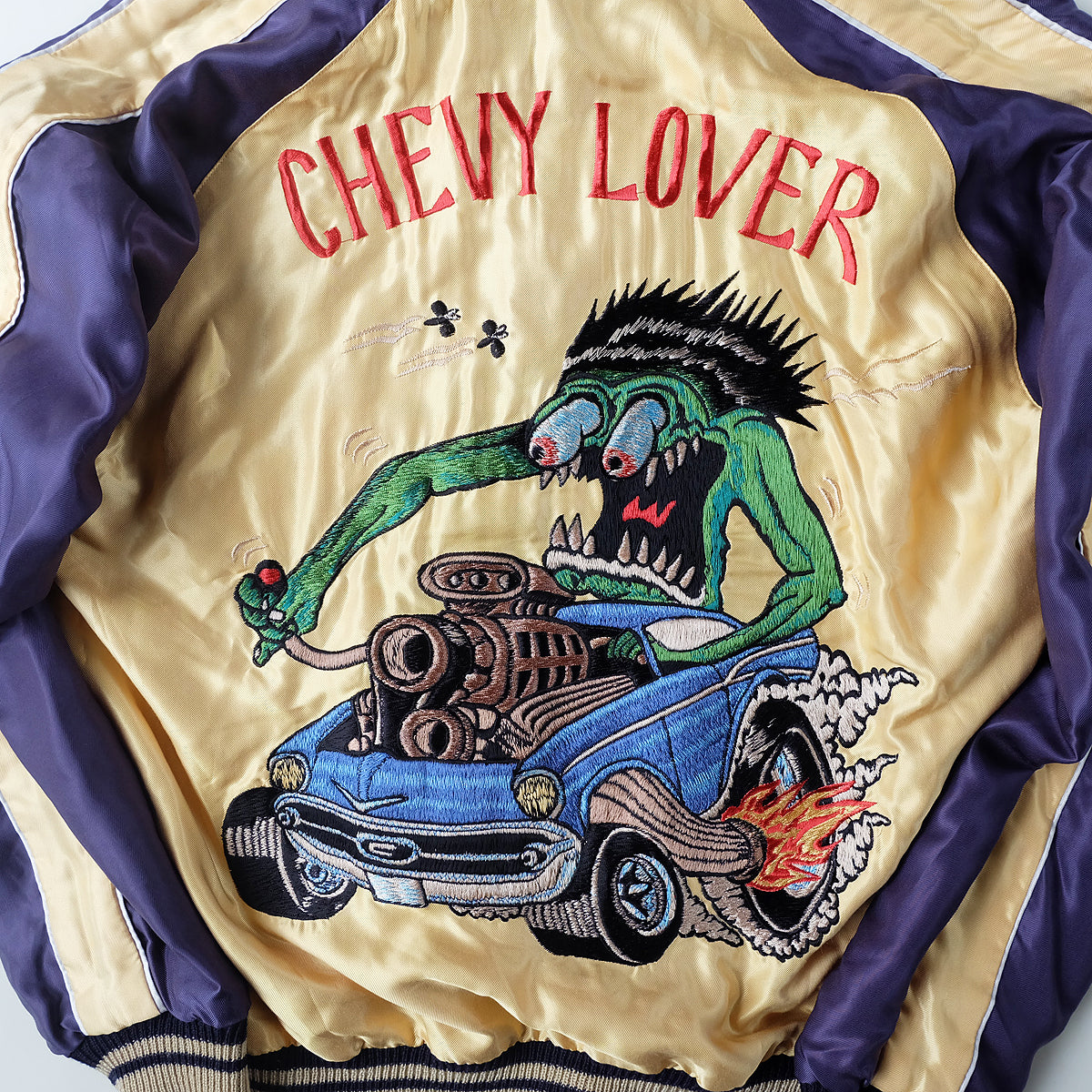 Rare Vintage Tailor Toyo TT10495 Chevy Lover Tiger Sukajan Reversible Japanese Souvenir Jacket Hot Rod Monster Pink Gold 2003