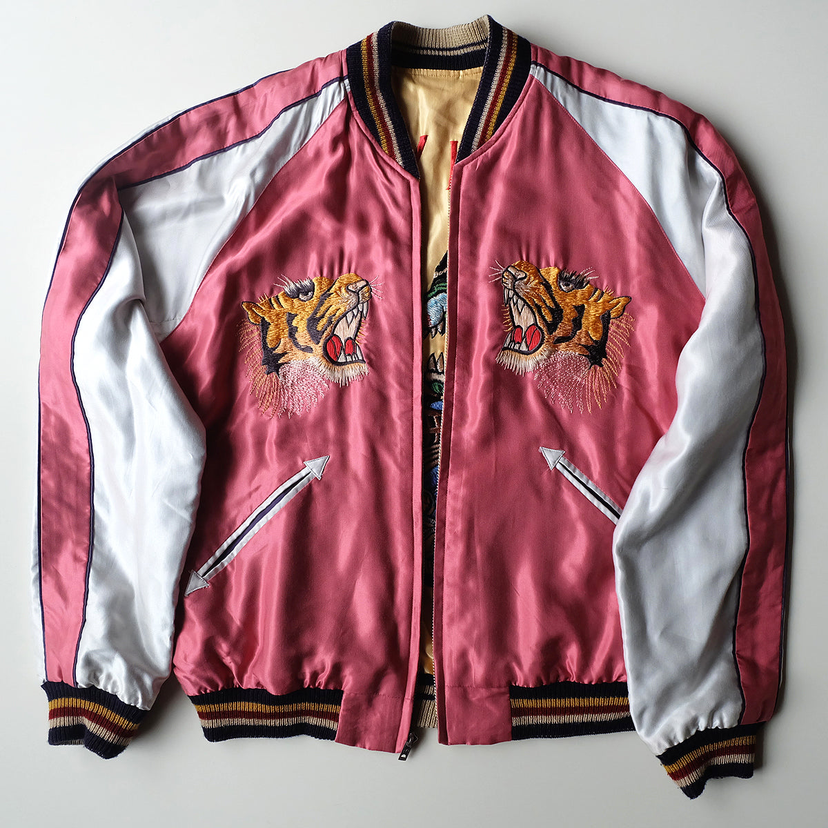 Rare Vintage Tailor Toyo TT10495 Chevy Lover Tiger Sukajan Reversible Japanese Souvenir Jacket Hot Rod Monster Pink Gold 2003