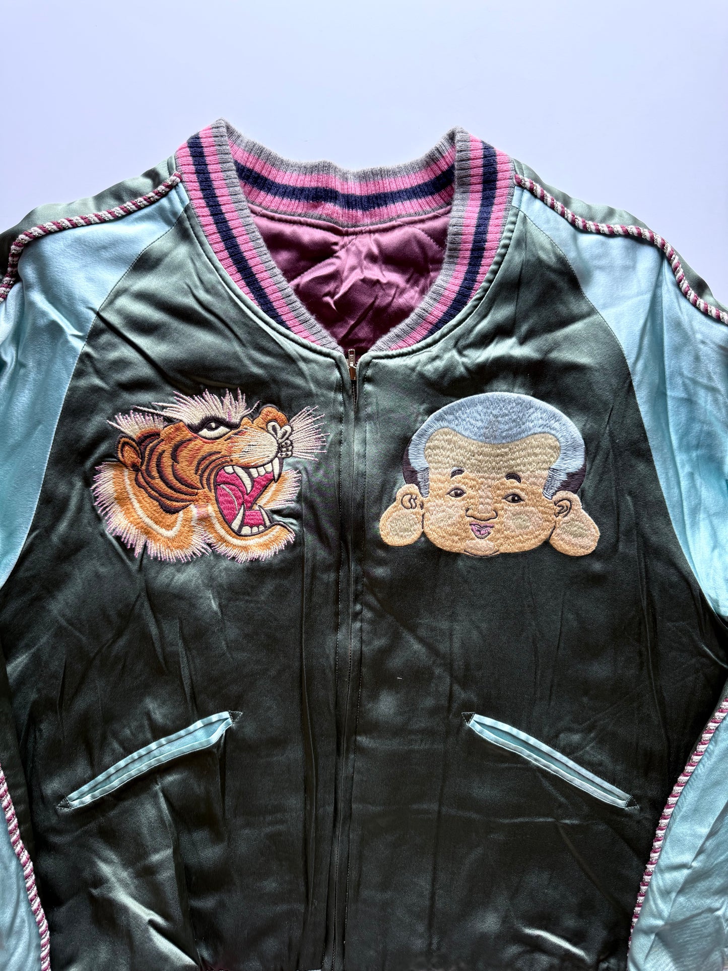 Rare EVISU Yamane Genes Reversible Sukajan Jacket Size 44 XL Japan Map Tiger Gorilla Embroidered Vintage Souvenir Bomber