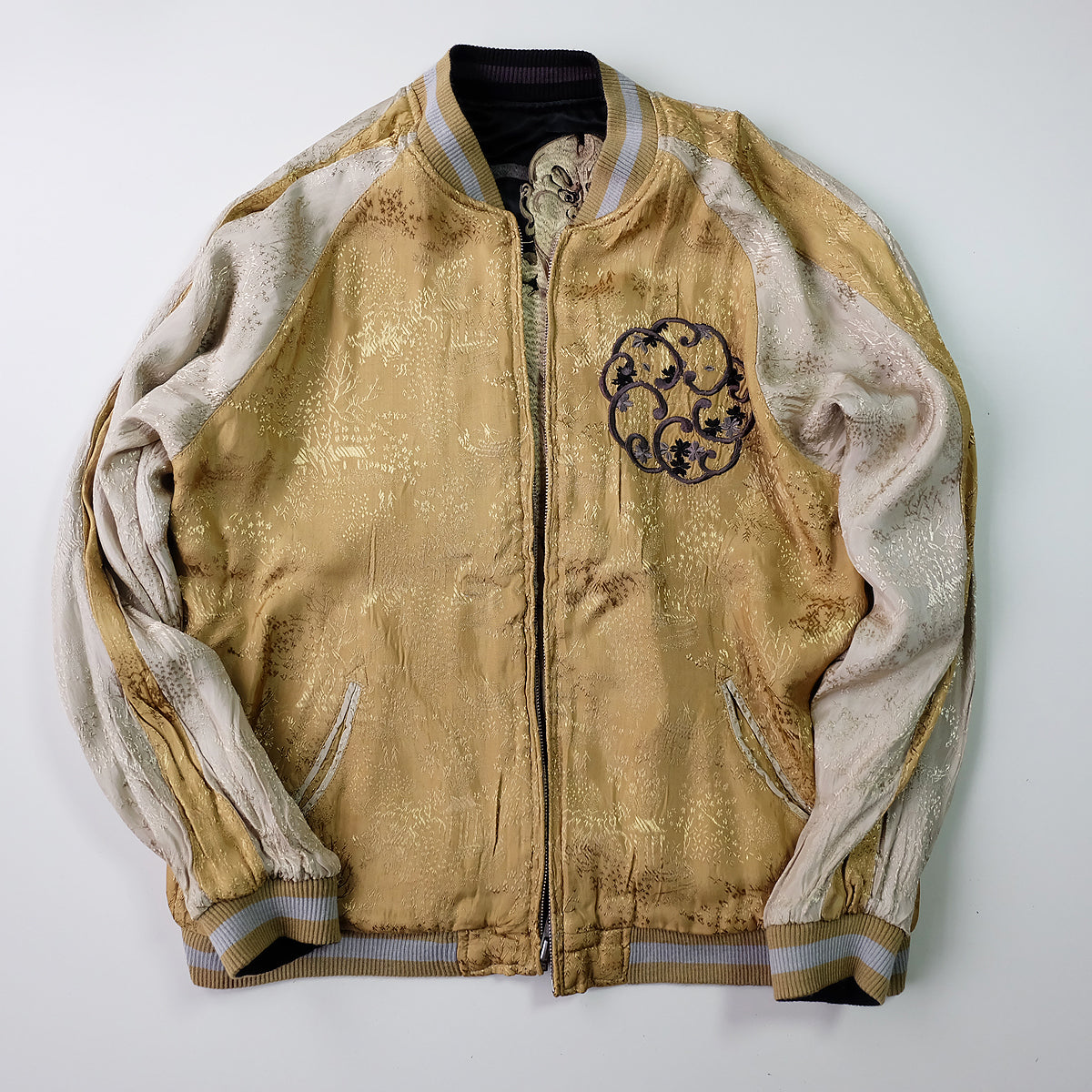 Vintage Reversible Nio Agyo Ungyo Sukajan Jacket M-L Gold Brocade Japanese Buddhist Guardian Yokosuka Bomber