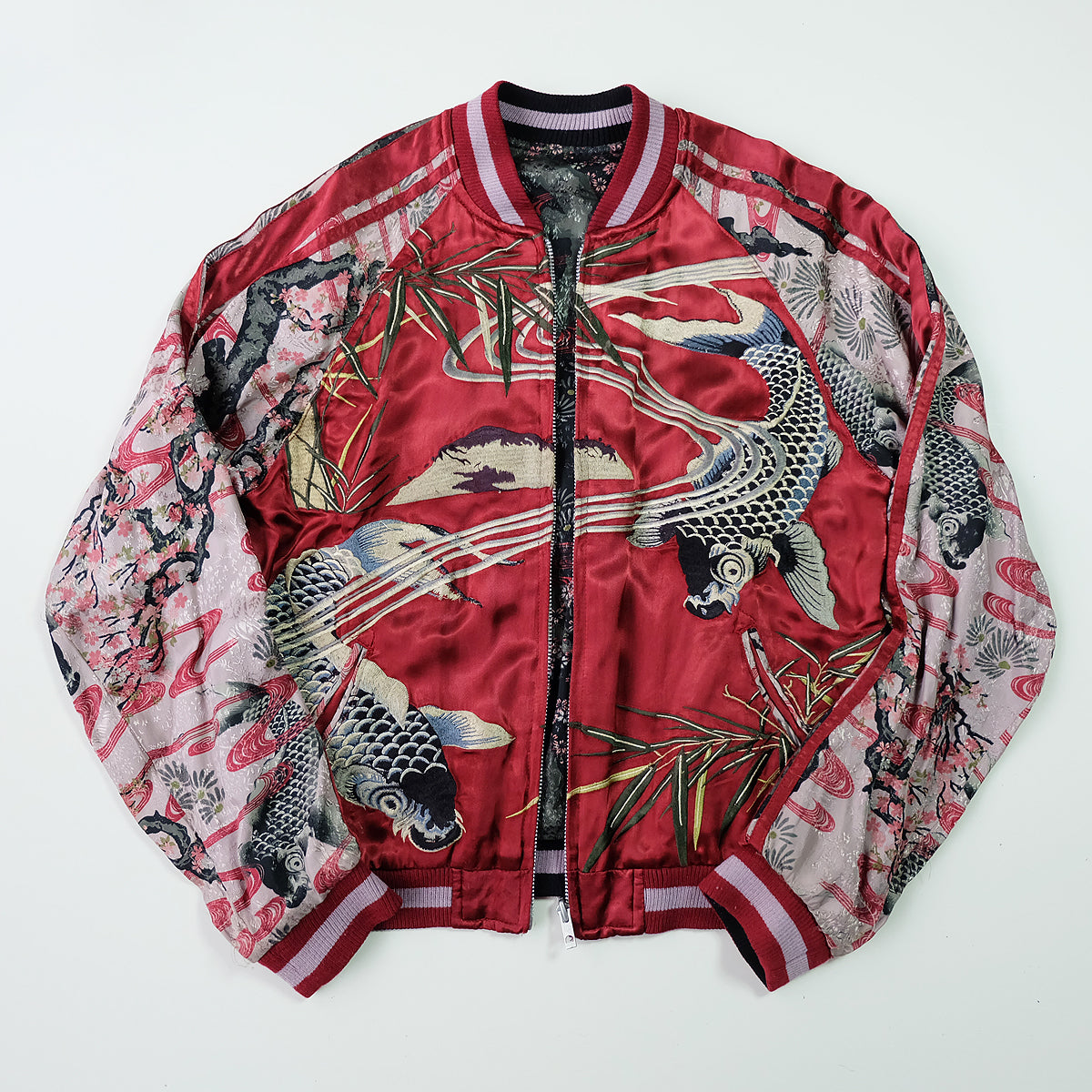 Vintage Japanese Japan Koi Carp Fish Sakura Cherry Blossoms Tattoo Art Design Embroidered Yokosuka Jumper Bomber Sukajan Souvenir Jacket M