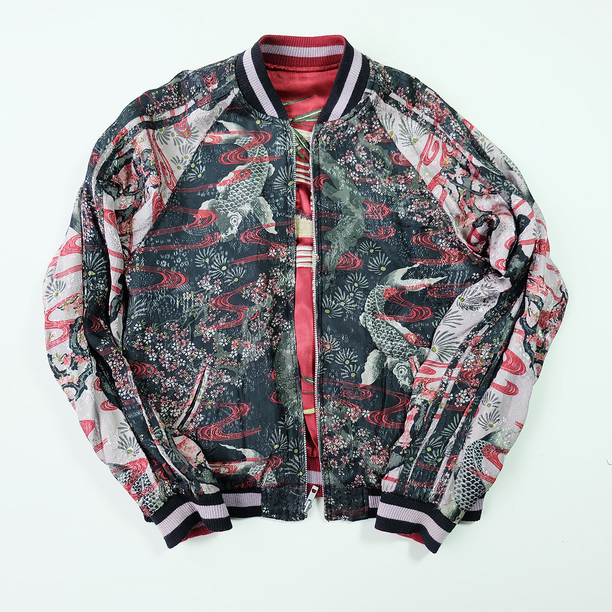 Vintage Japanese Japan Koi Carp Fish Sakura Cherry Blossoms Tattoo Art Design Embroidered Yokosuka Jumper Bomber Sukajan Souvenir Jacket M