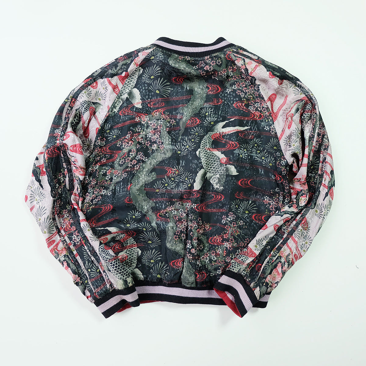 Vintage Japanese Japan Koi Carp Fish Sakura Cherry Blossoms Tattoo Art Design Embroidered Yokosuka Jumper Bomber Sukajan Souvenir Jacket M
