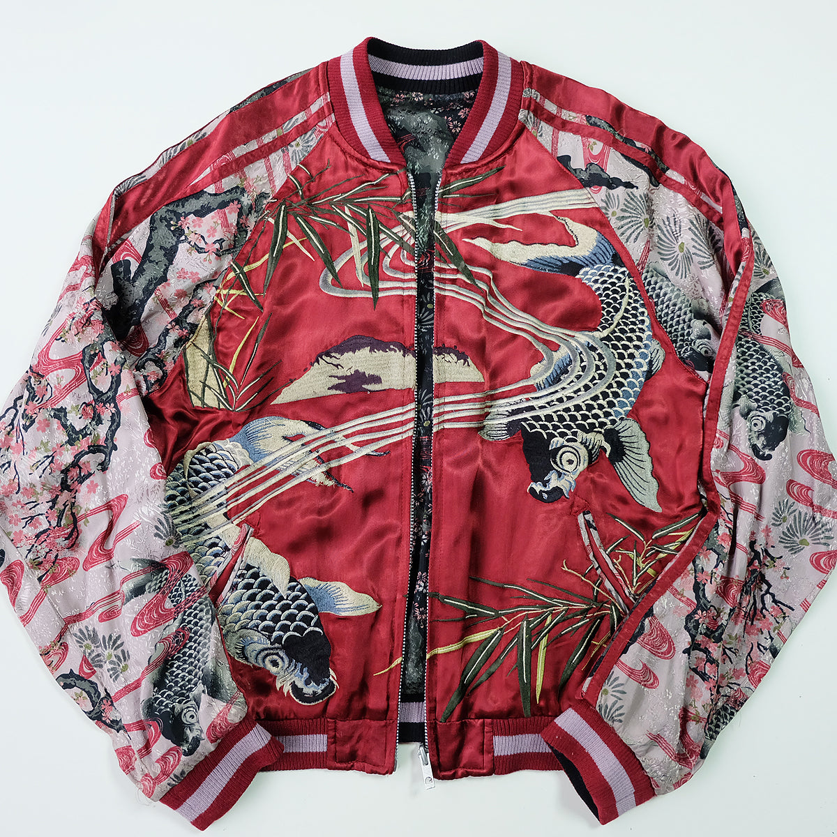 Vintage Japanese Japan Koi Carp Fish Sakura Cherry Blossoms Tattoo Art Design Embroidered Yokosuka Jumper Bomber Sukajan Souvenir Jacket M