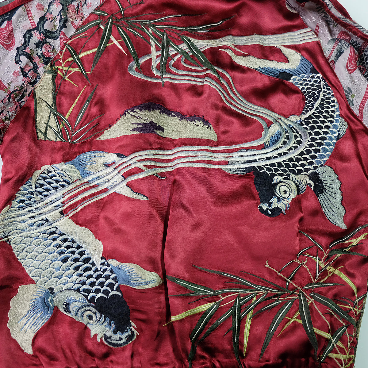 Vintage Japanese Japan Koi Carp Fish Sakura Cherry Blossoms Tattoo Art Design Embroidered Yokosuka Jumper Bomber Sukajan Souvenir Jacket M