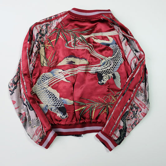 Vintage Japanese Japan Koi Carp Fish Sakura Cherry Blossoms Tattoo Art Design Embroidered Yokosuka Jumper Bomber Sukajan Souvenir Jacket M