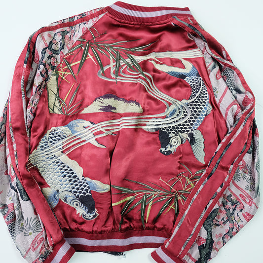 Vintage Japanese Japan Koi Carp Fish Sakura Cherry Blossoms Tattoo Art Design Embroidered Yokosuka Jumper Bomber Sukajan Souvenir Jacket M