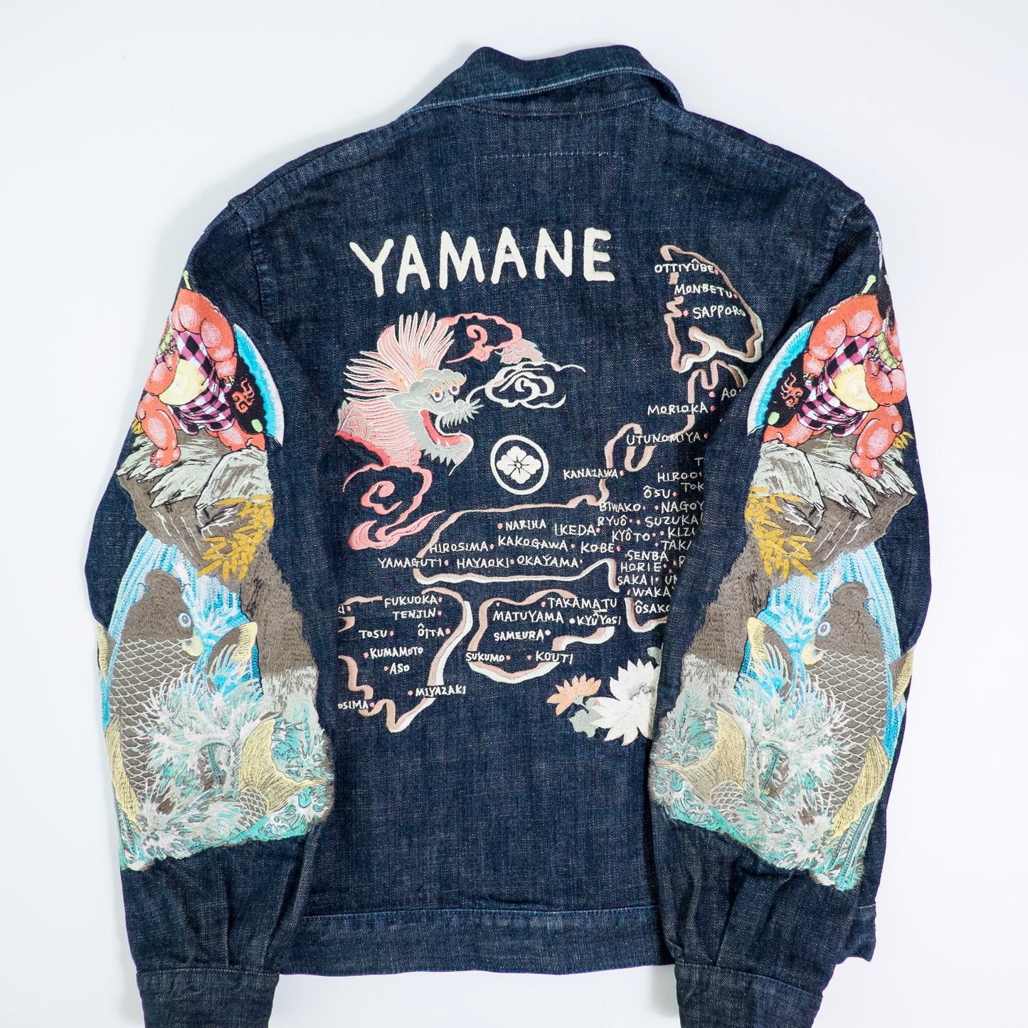 YAMANE EVISU Vintage Kintaro Koi Dragon Japan Map Embroidered Denim Jacket Amekaji Sukajan Style Tour Coat M-L