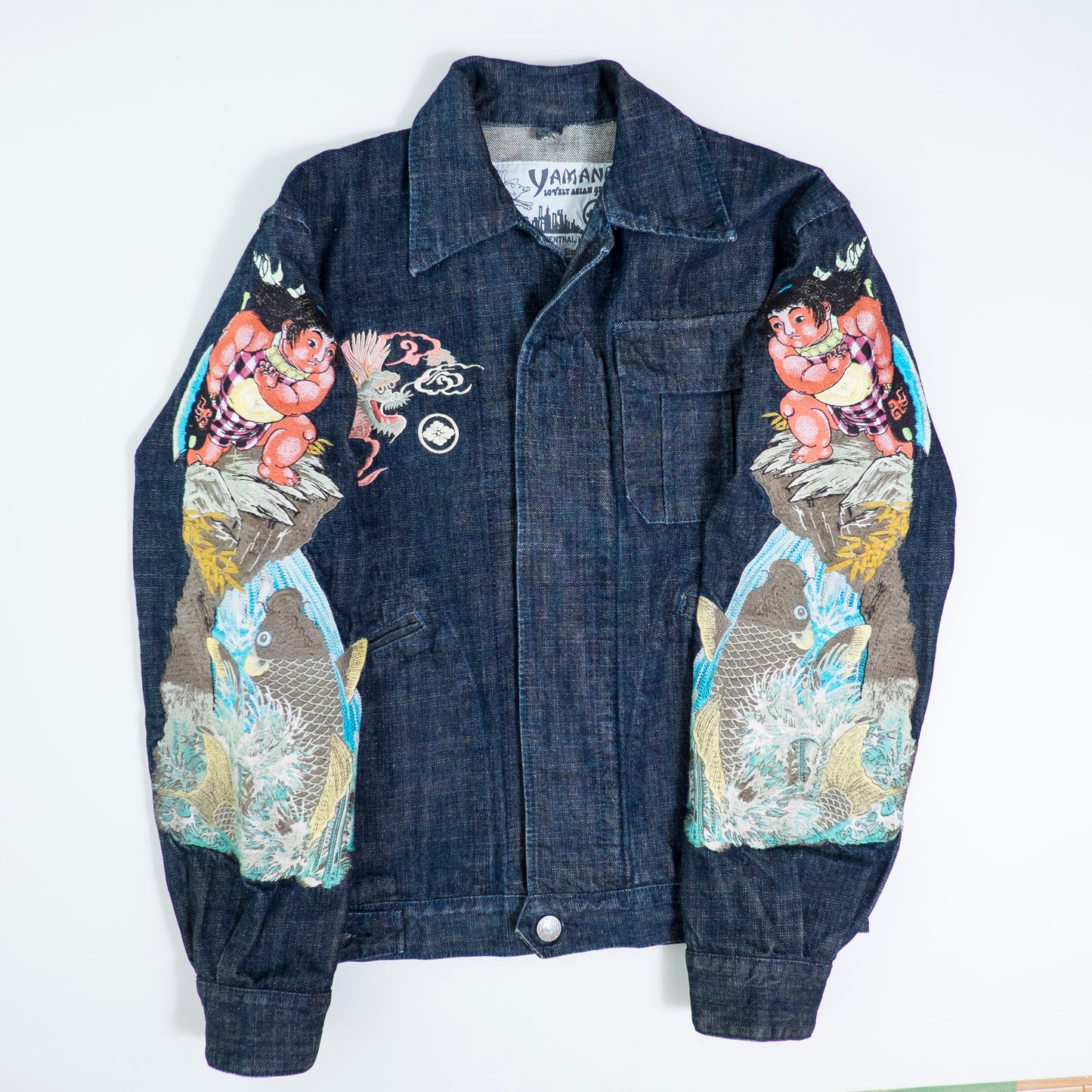 YAMANE EVISU Vintage Kintaro Koi Dragon Japan Map Embroidered Denim Jacket Amekaji Sukajan Style Tour Coat M-L