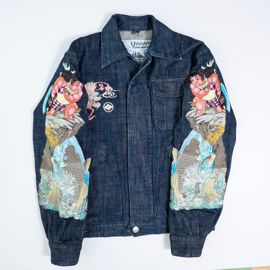 YAMANE EVISU Vintage Kintaro Koi Dragon Japan Map Embroidered Denim Jacket Amekaji Sukajan Style Tour Coat M-L