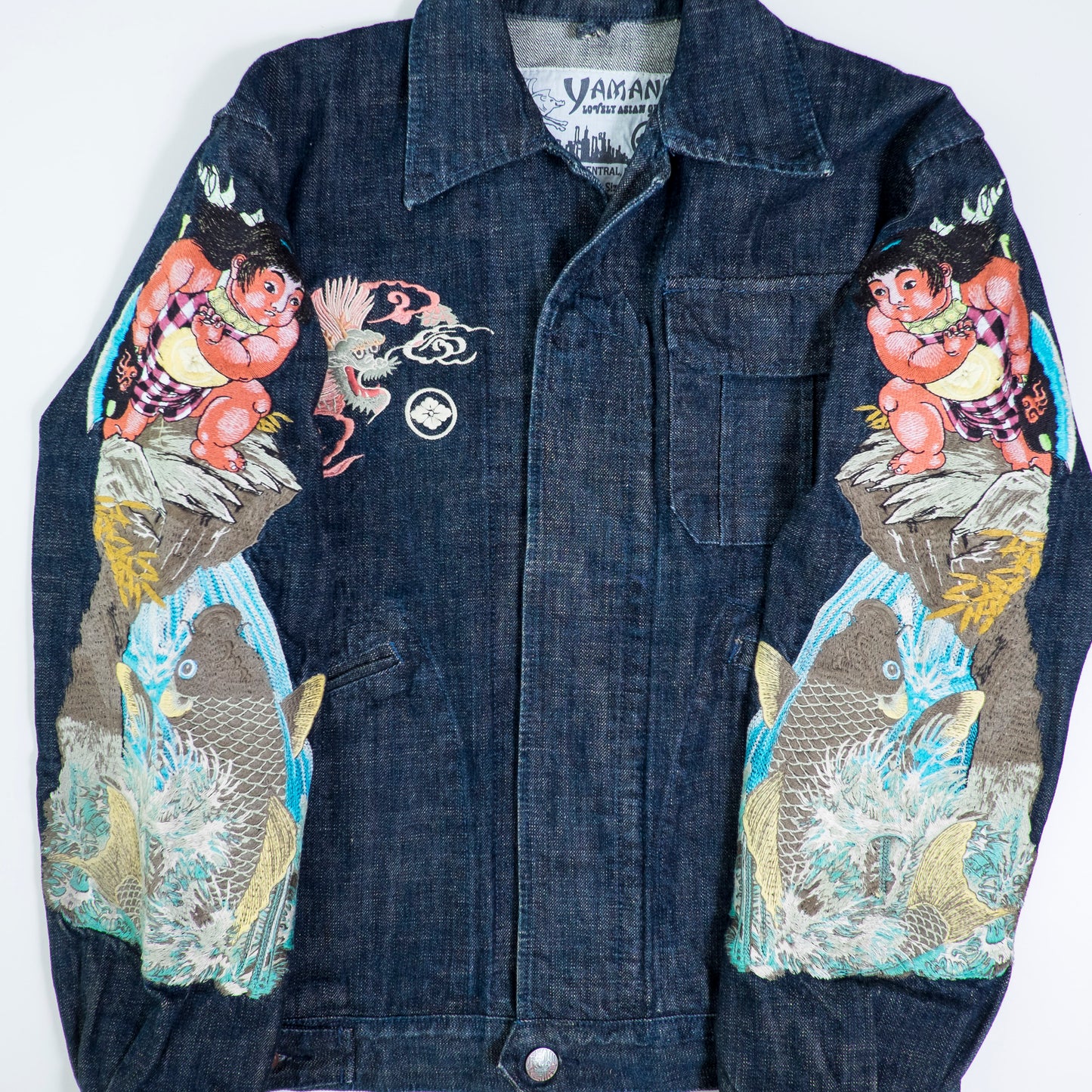 YAMANE EVISU Vintage Kintaro Koi Dragon Japan Map Embroidered Denim Jacket Amekaji Sukajan Style Tour Coat M-L